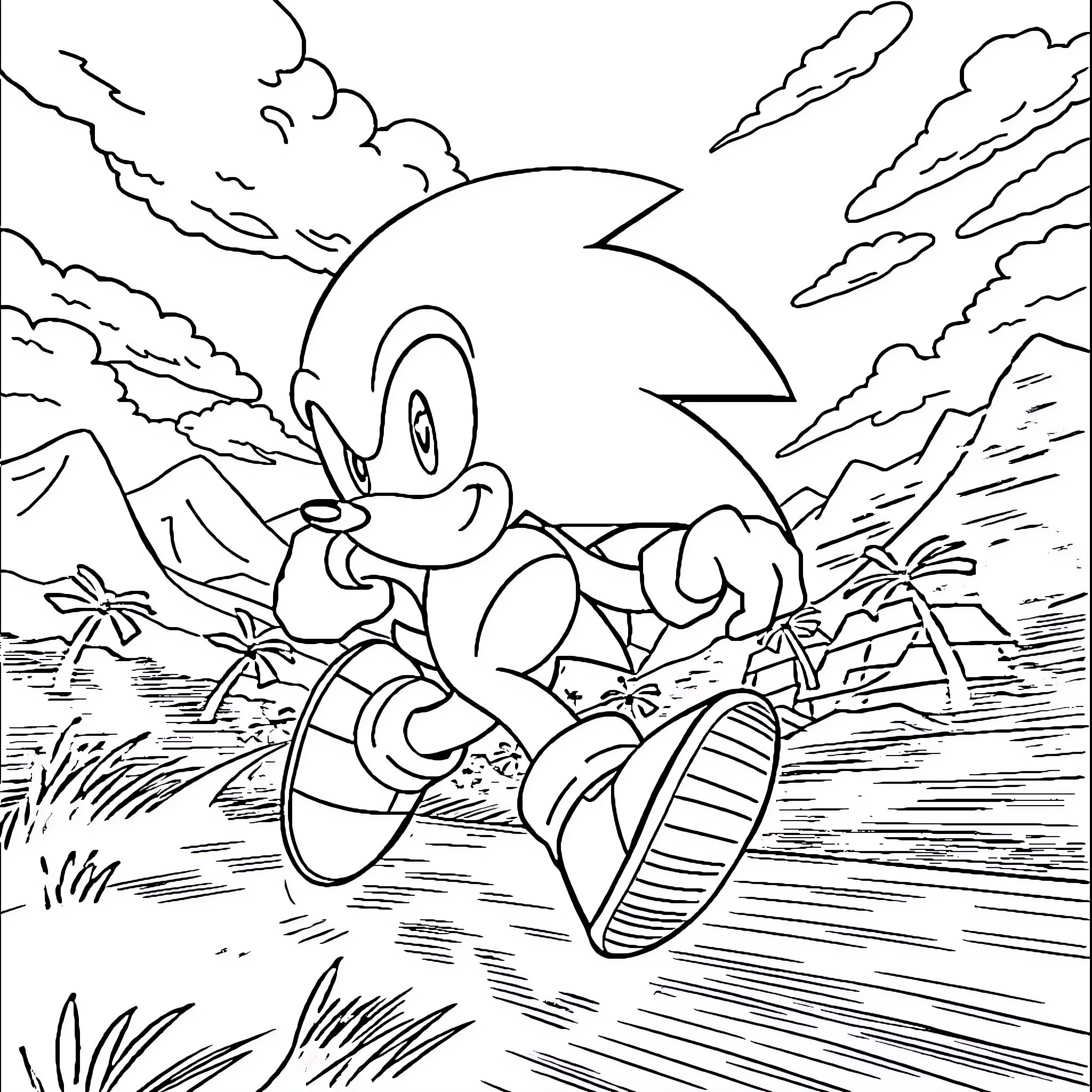 Sonic on an adventurous journey through a scenic landscape Coloring Page (free black-and-white line drawing printable PDF for all, from beginners to advanced learners, including children, teens, adults, and seniors)