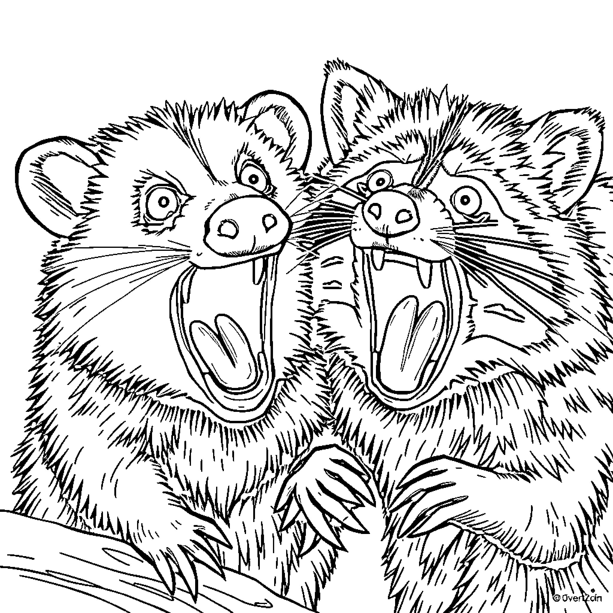 Opossums exploring together in the wild Coloring Page (free black-and-white line drawing printable PDF for all, from beginners to advanced learners, including children, teens, adults, and seniors)