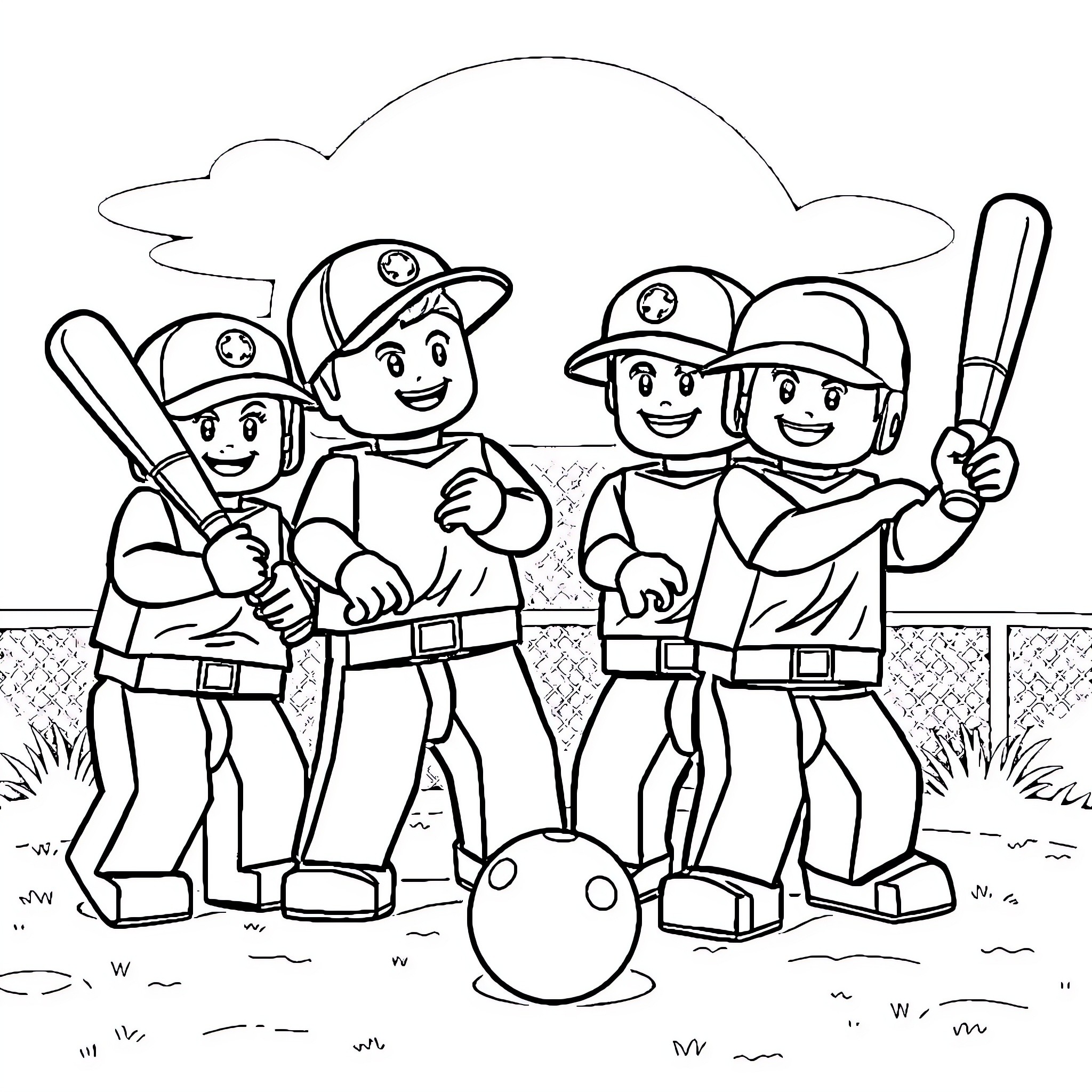 Baseball Players Enjoying the Game Together Coloring Page (free black-and-white line drawing printable PDF for all, from beginners to advanced learners, including children, teens, adults, and seniors)