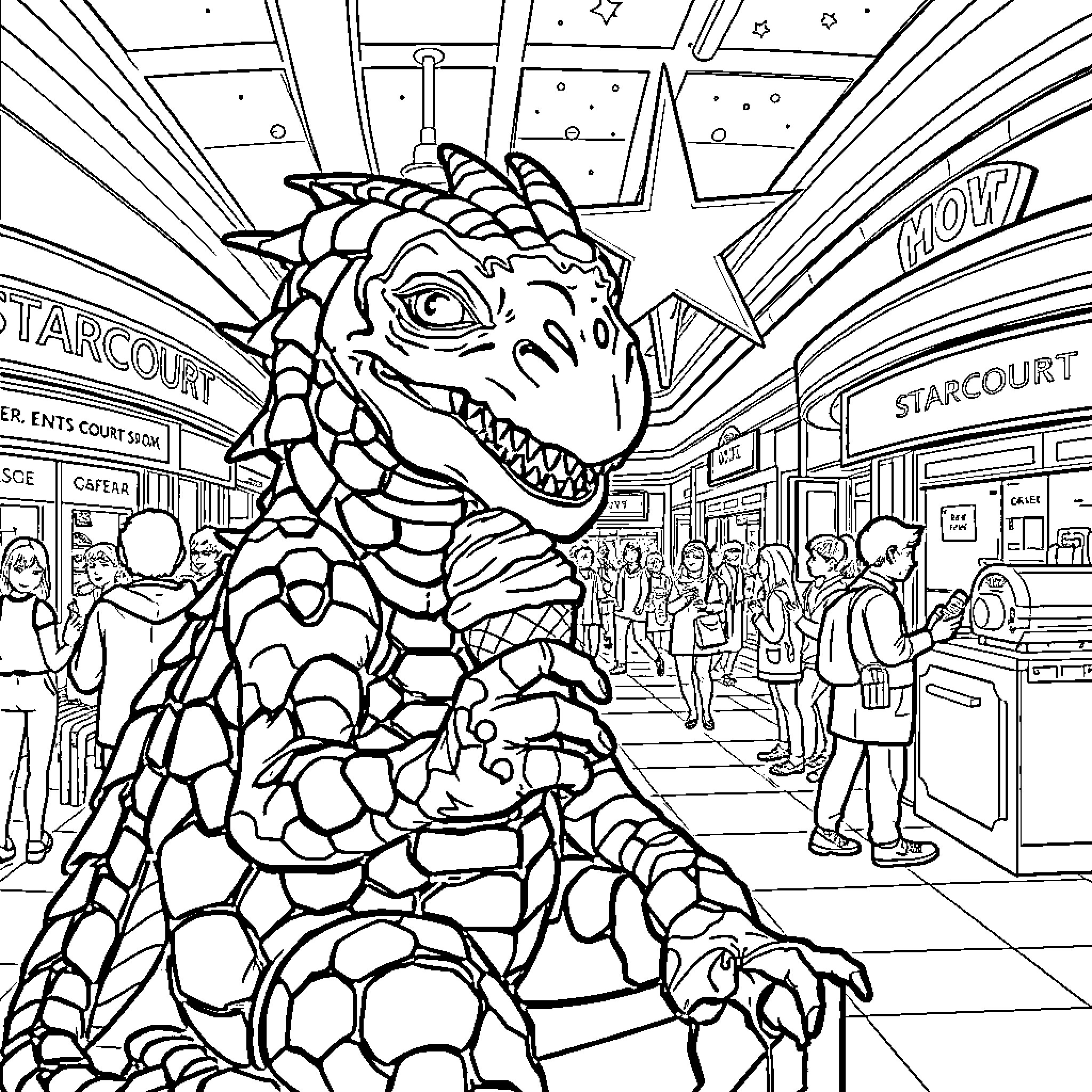 Demogorgon creature in crowded shopping mall Coloring Page (free black-and-white line drawing printable PDF for all, from beginners to advanced learners, including children, teens, adults, and seniors)