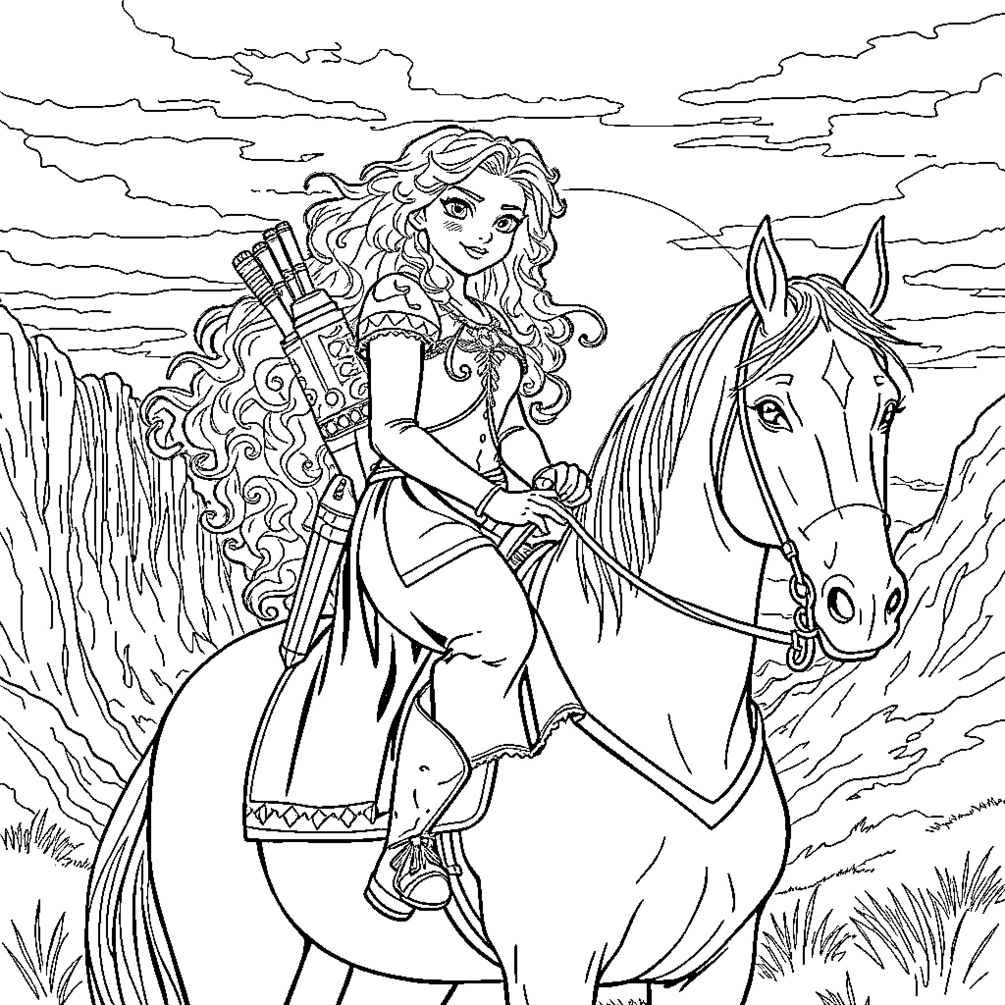 Princess Riding Her Majestic Horse Through the Wilderness Coloring Page (free black-and-white line drawing printable PDF for all, from beginners to advanced learners, including children, teens, adults, and seniors)