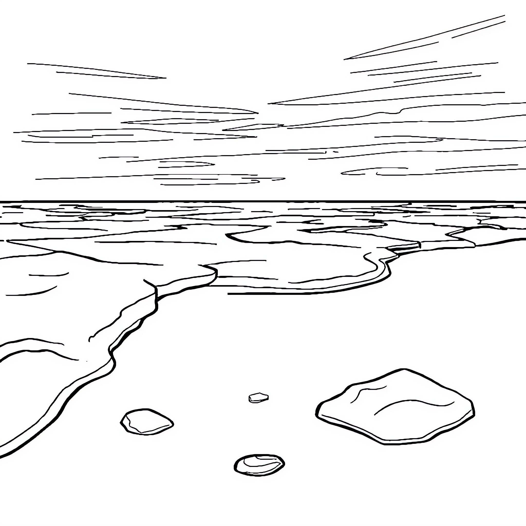 Beach landscape with river and rocks Coloring Page (free black-and-white line drawing printable PDF for all, from beginners to advanced learners, including children, teens, adults, and seniors)