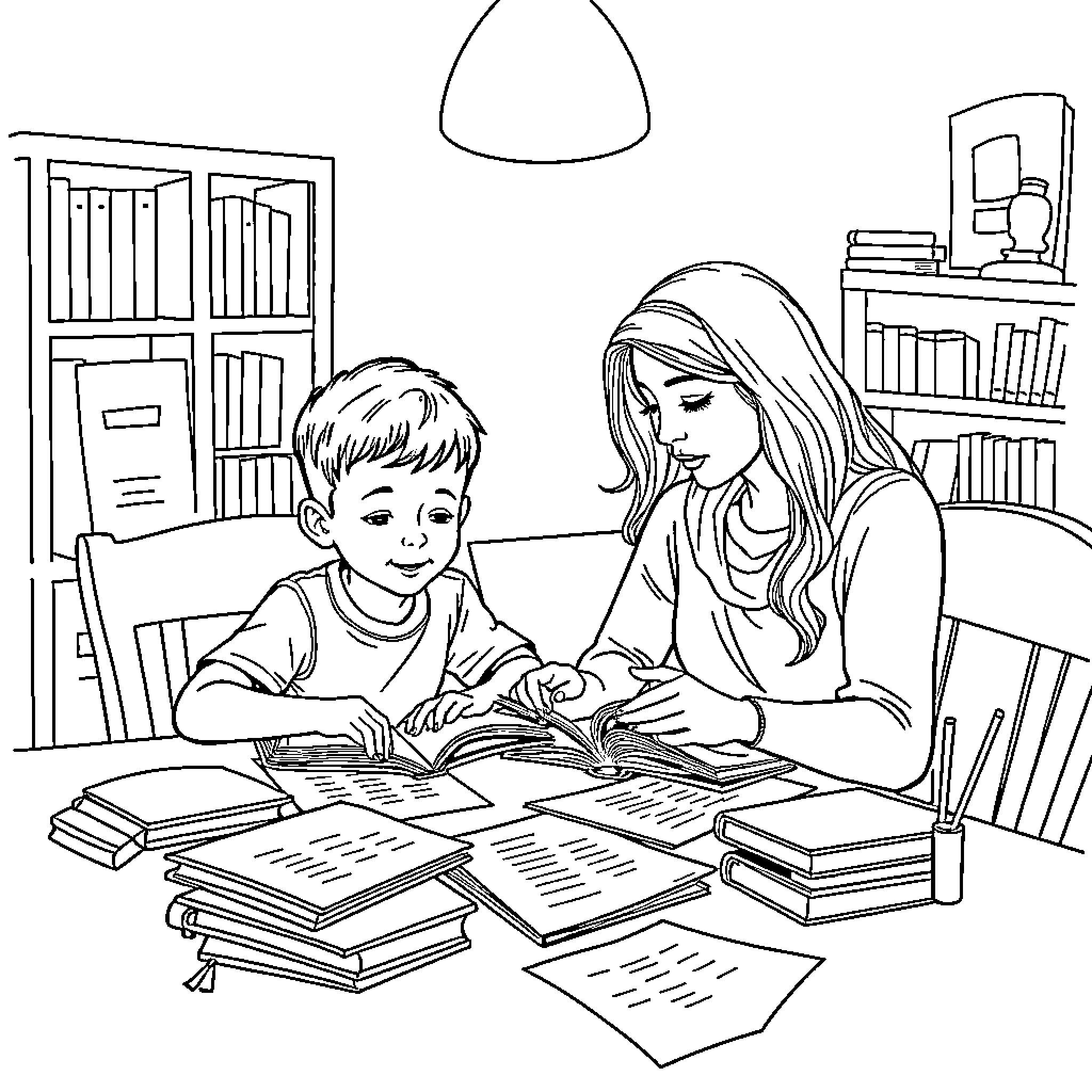 Mom helping son with homework in study Coloring Page (free black-and-white line drawing printable PDF for all, from beginners to advanced learners, including children, teens, adults, and seniors)
