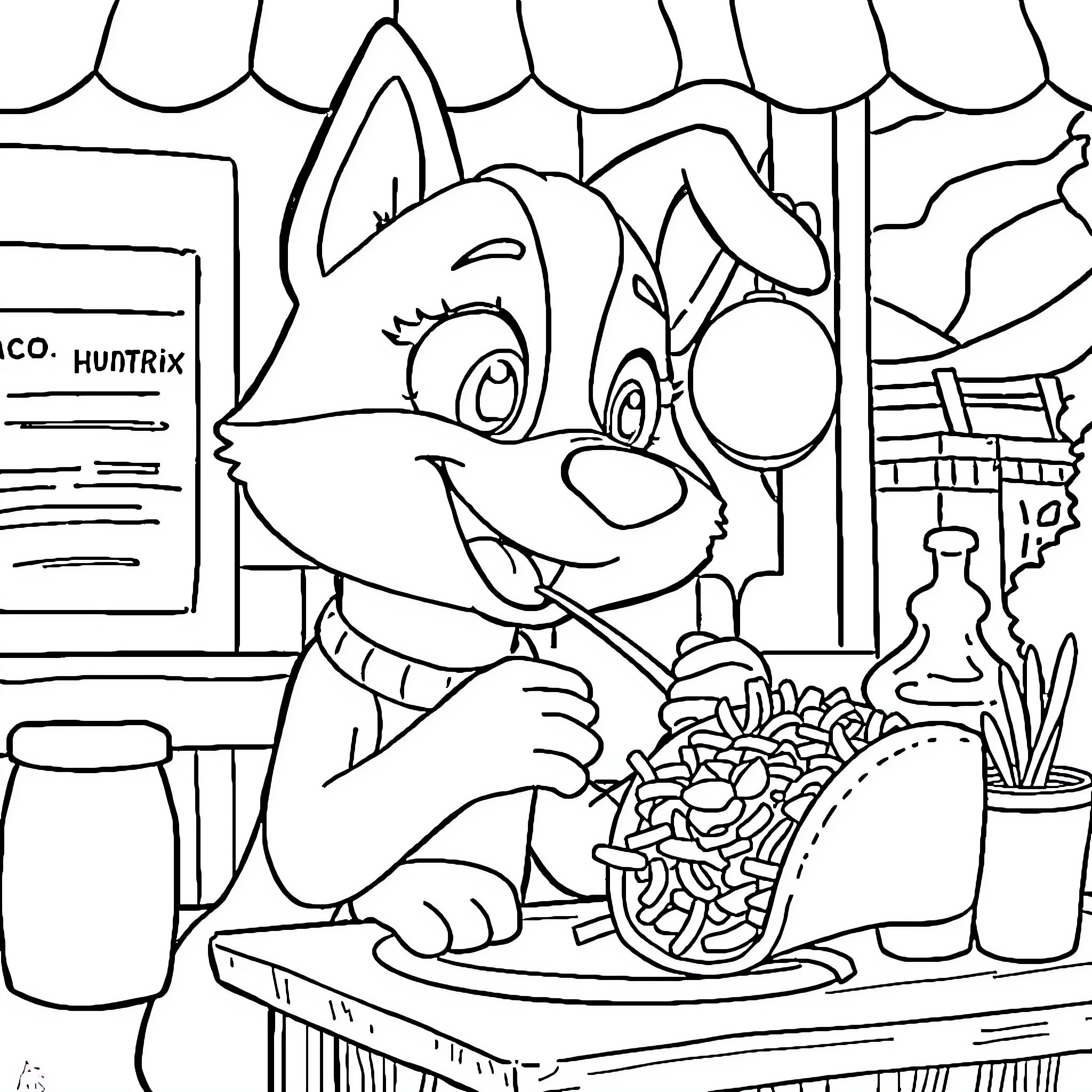 Zoey's Pet Store Adventure Coloring Page (free black-and-white line drawing printable PDF for all, from beginners to advanced learners, including children, teens, adults, and seniors)