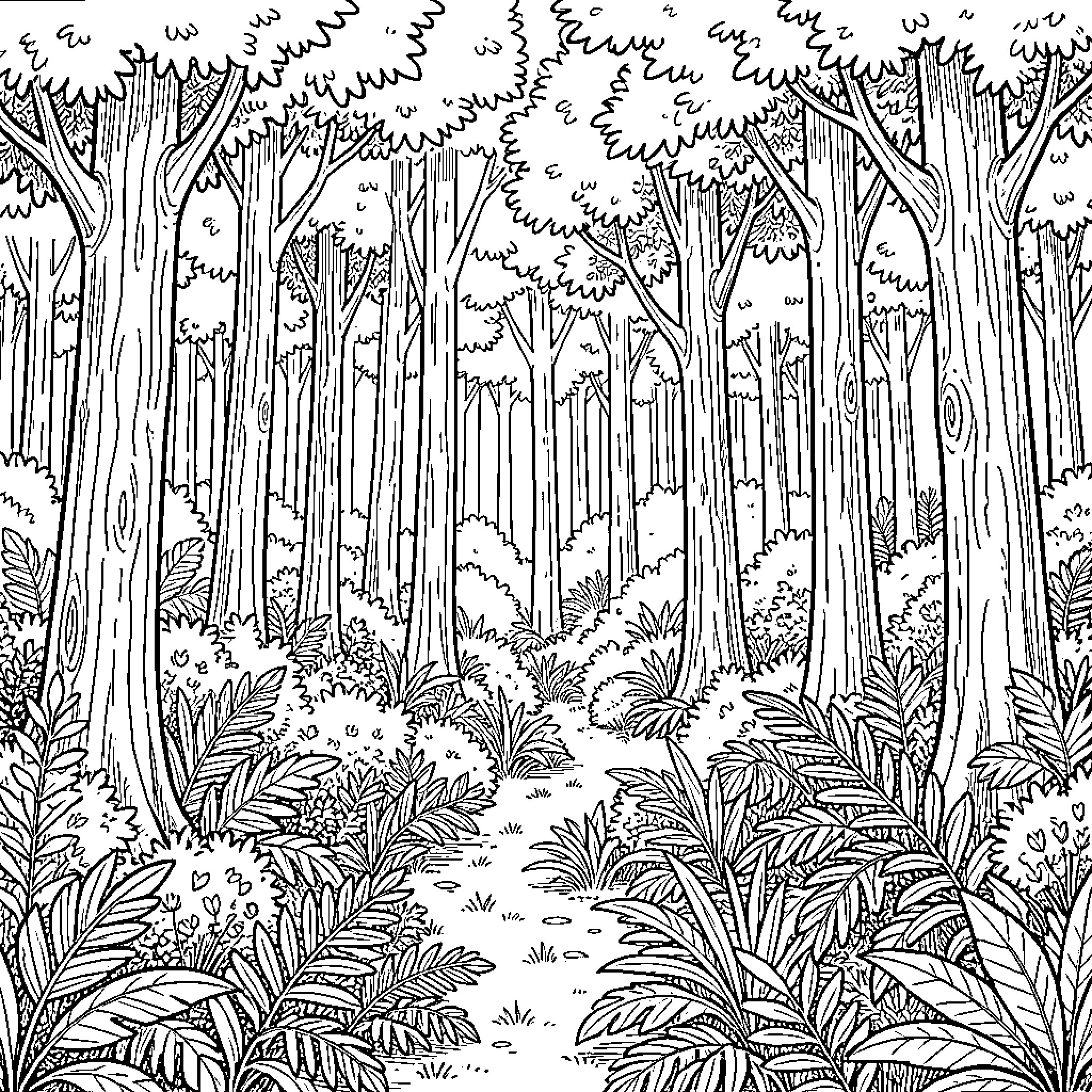 Forest Path in the Wilderness Coloring Page (free black-and-white line drawing printable PDF for all, from beginners to advanced learners, including children, teens, adults, and seniors)