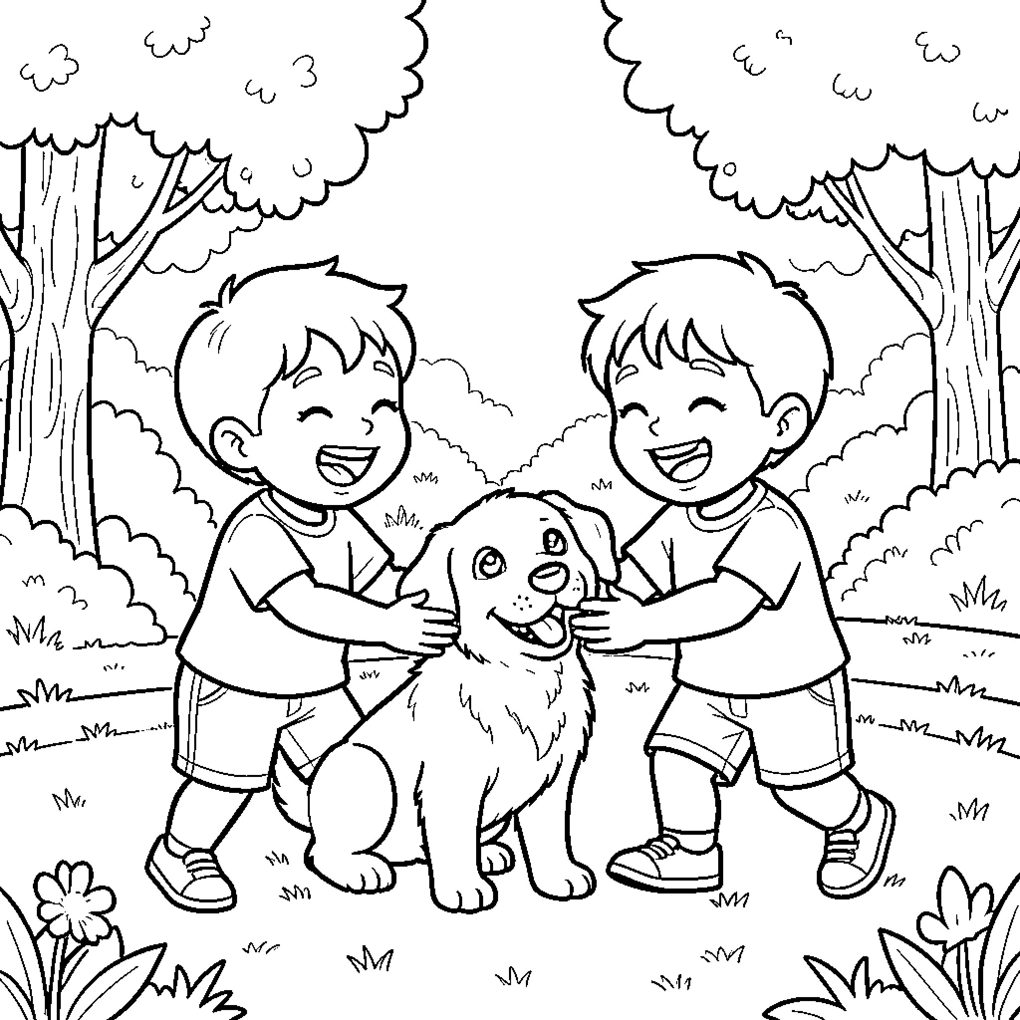 Child playing happily with pet dog in the park Coloring Page (free black-and-white line drawing printable PDF for all, from beginners to advanced learners, including children, teens, adults, and seniors)