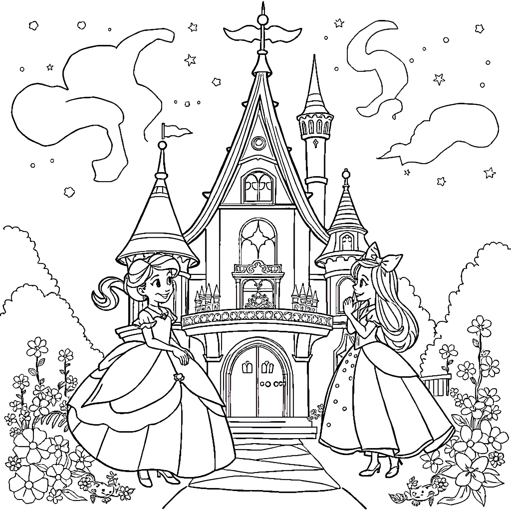 Princess-themed Castle Scene with Dresses and Flowers Coloring Page (free black-and-white line drawing printable PDF for all, from beginners to advanced learners, including children, teens, adults, and seniors)