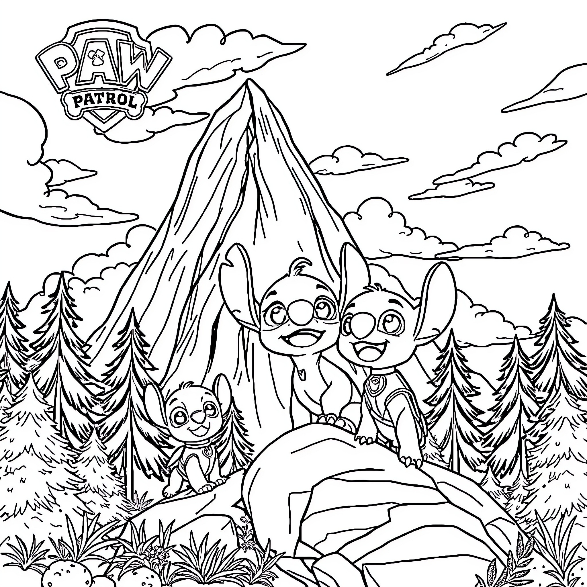 Witch Paw Patrol's Magical Adventure in the Mountains Coloring Page (free black-and-white line drawing printable PDF for all, from beginners to advanced learners, including children, teens, adults, and seniors)