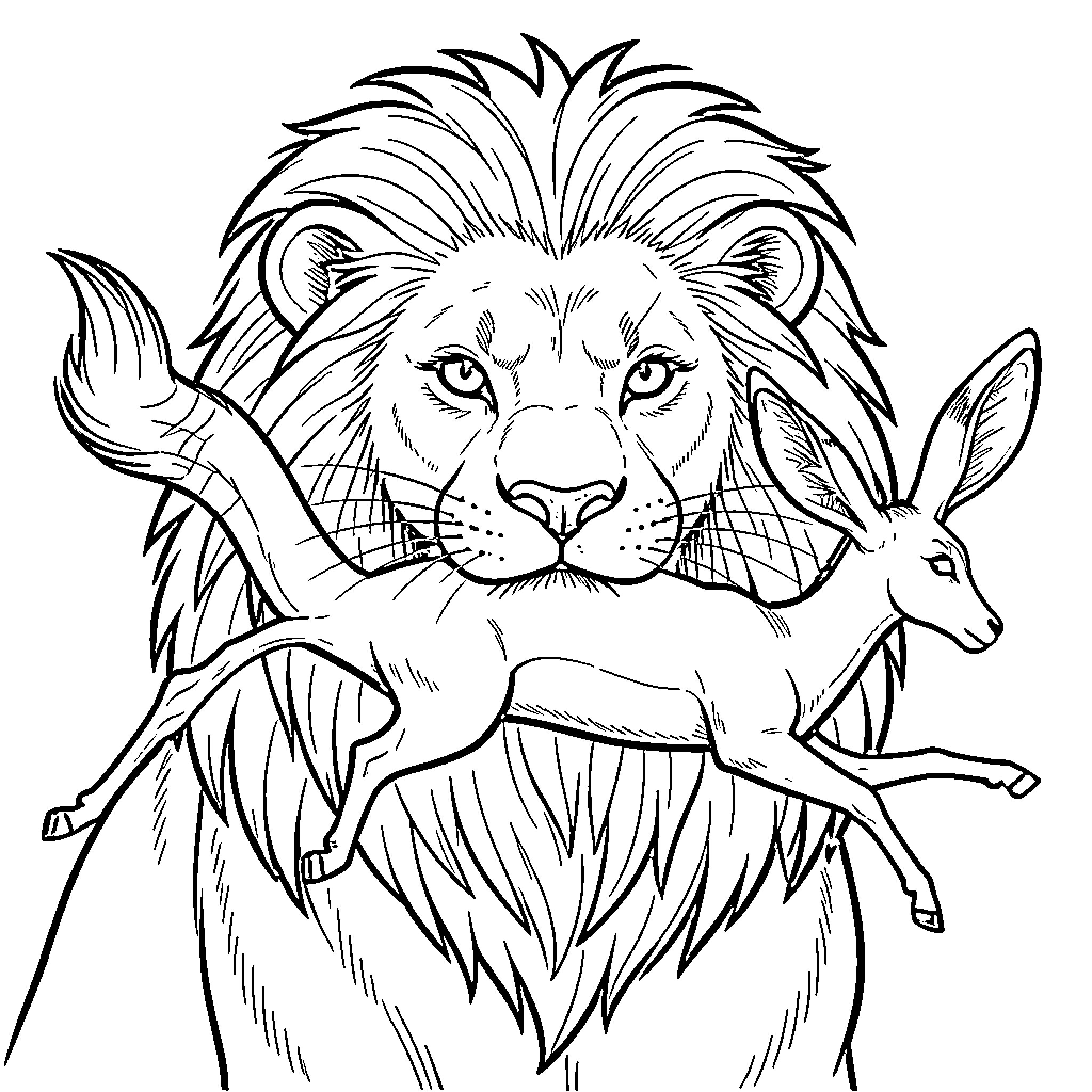 Lion holding a deer with fierce expression Coloring Page (free black-and-white line drawing printable PDF for all, from beginners to advanced learners, including children, teens, adults, and seniors)