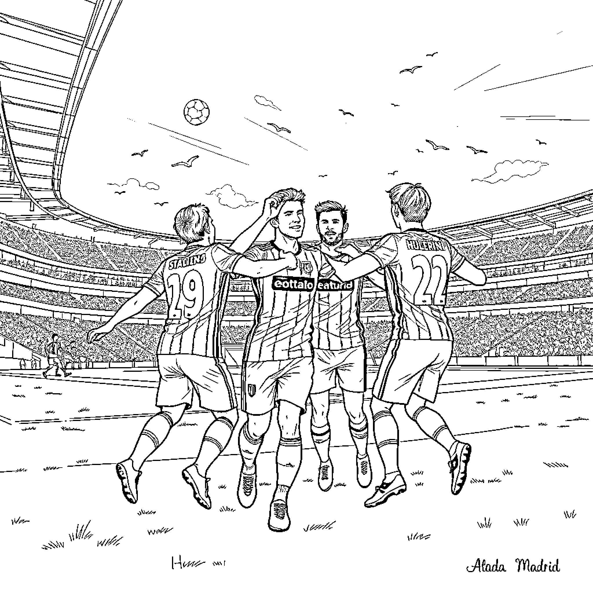 Atletico Madrid players celebrating on the field Coloring Page (free black-and-white line drawing printable PDF for all, from beginners to advanced learners, including children, teens, adults, and seniors)