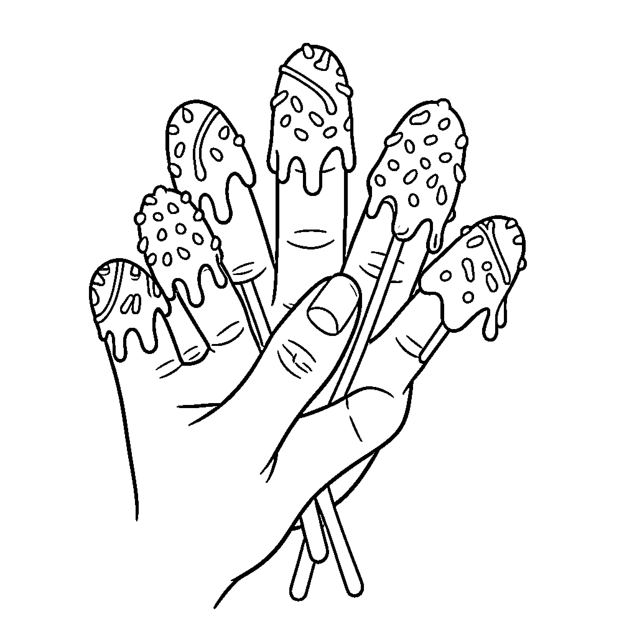Chocolate Fingers held in a hand Coloring Page (free black-and-white line drawing printable PDF for all, from beginners to advanced learners, including children, teens, adults, and seniors)