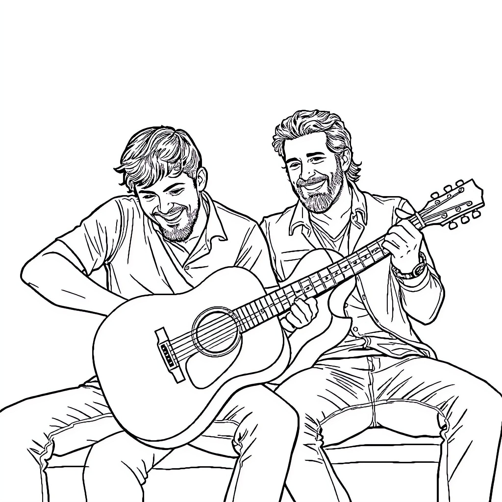 Jey Uso and Band Performing Together Onstage Coloring Page (free black-and-white line drawing printable PDF for all, from beginners to advanced learners, including children, teens, adults, and seniors)