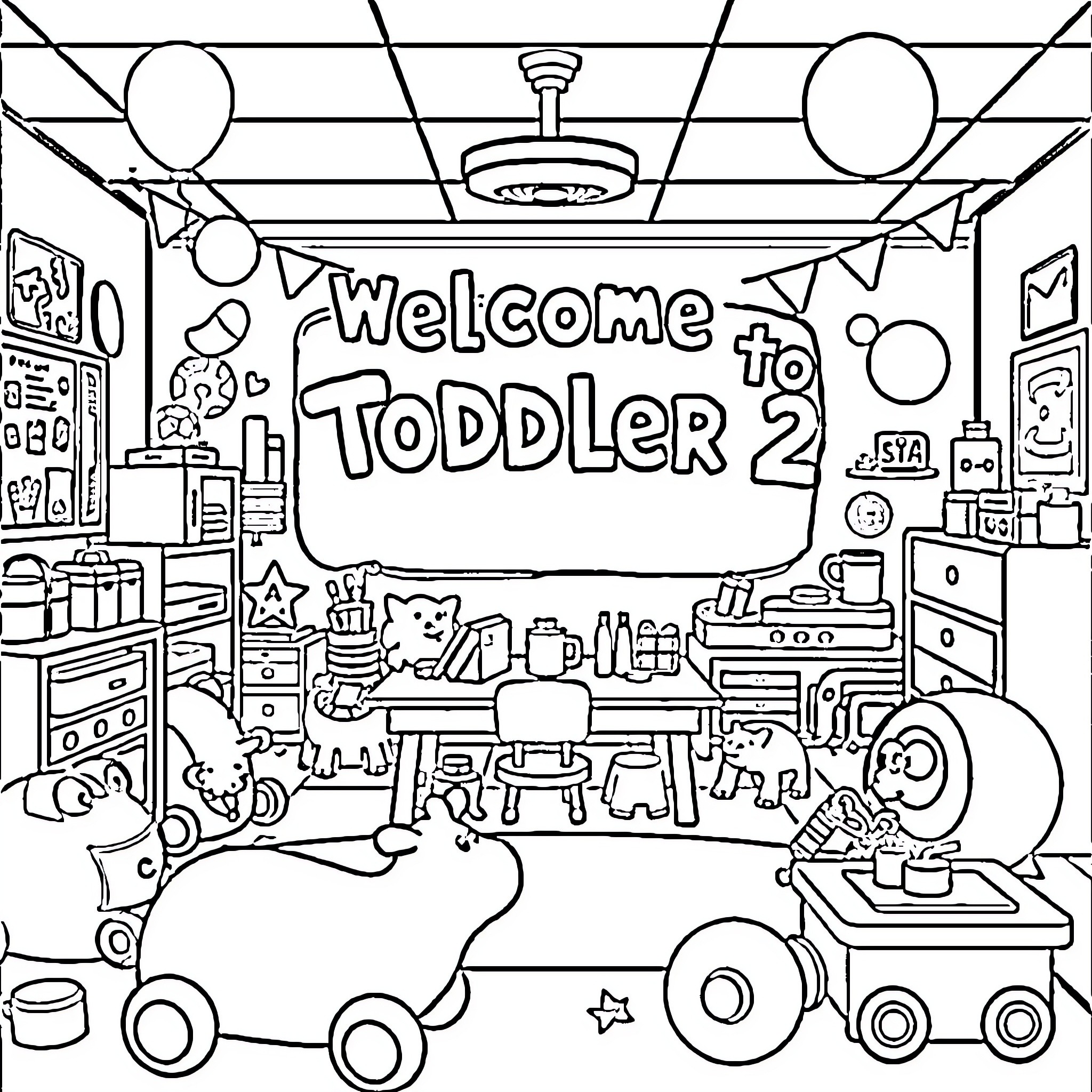 Toddler's playful and colorful classroom adventure Coloring Page (free black-and-white line drawing printable PDF for all, from beginners to advanced learners, including children, teens, adults, and seniors)
