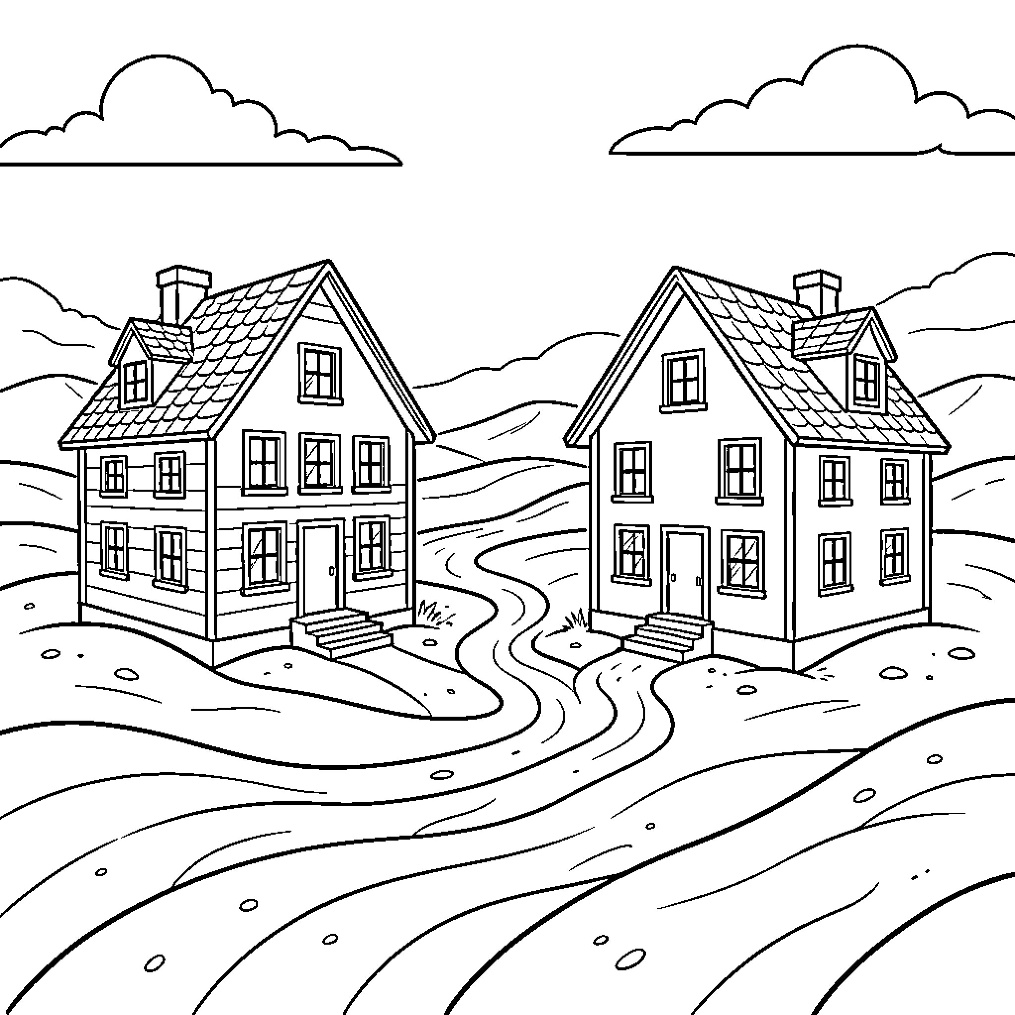 Maison standing peacefully amidst rolling hills and clouds Coloring Page (free black-and-white line drawing printable PDF for all, from beginners to advanced learners, including children, teens, adults, and seniors)