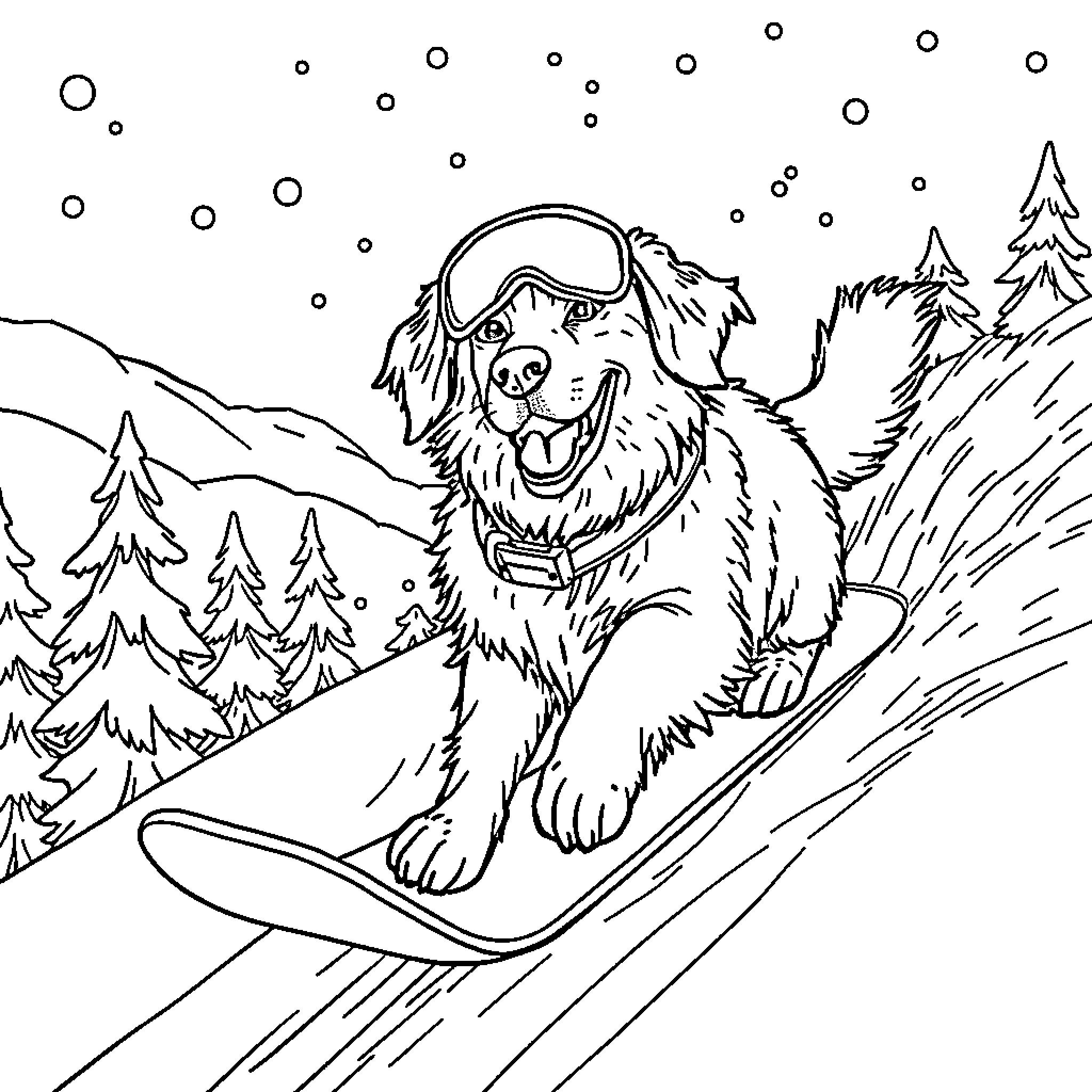 Golden Retriever happily snowboarding in the winter landscape Coloring Page (free black-and-white line drawing printable PDF for all, from beginners to advanced learners, including children, teens, adults, and seniors)