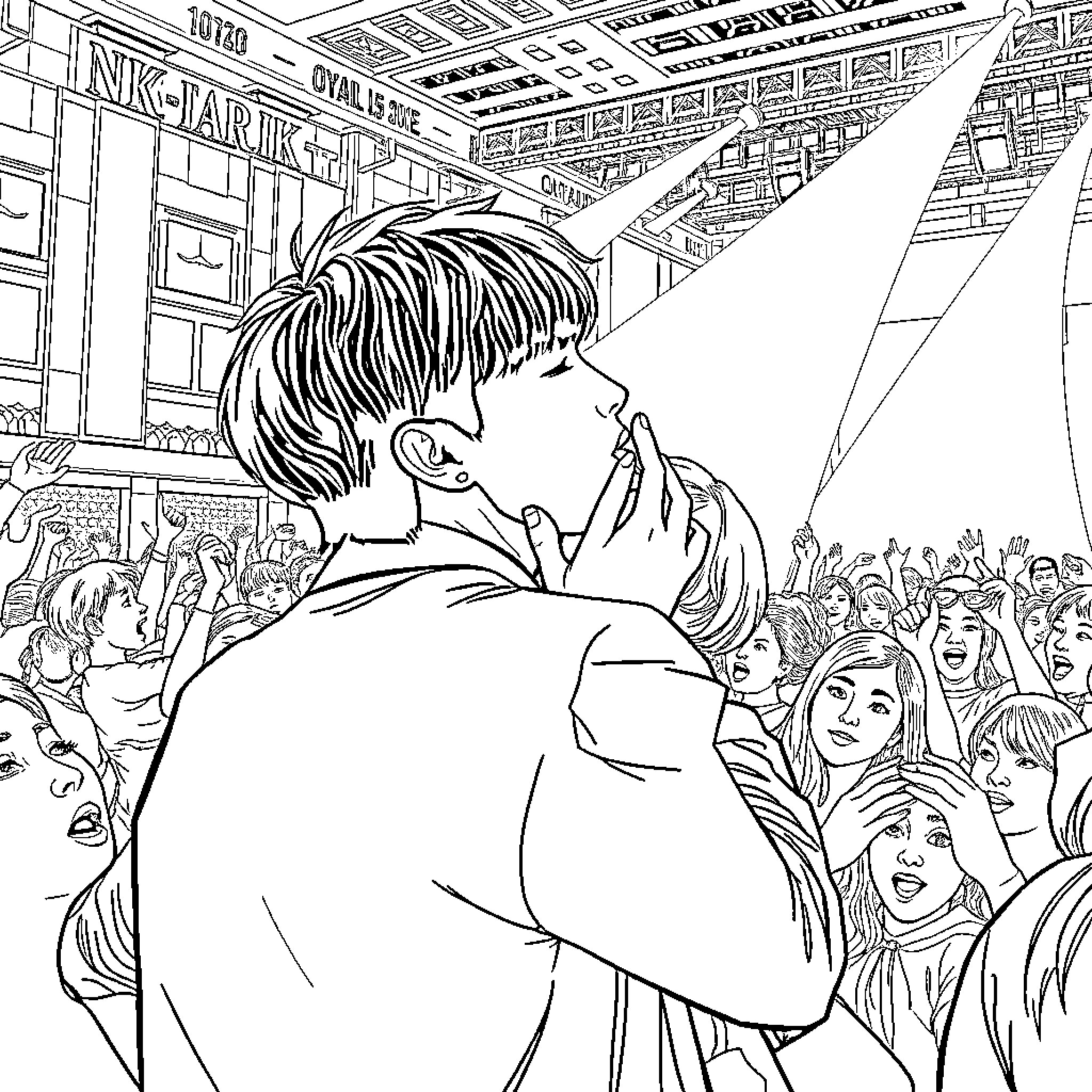 Jungkook in a Crowd Coloring Page (free black-and-white line drawing printable PDF for all, from beginners to advanced learners, including children, teens, adults, and seniors)