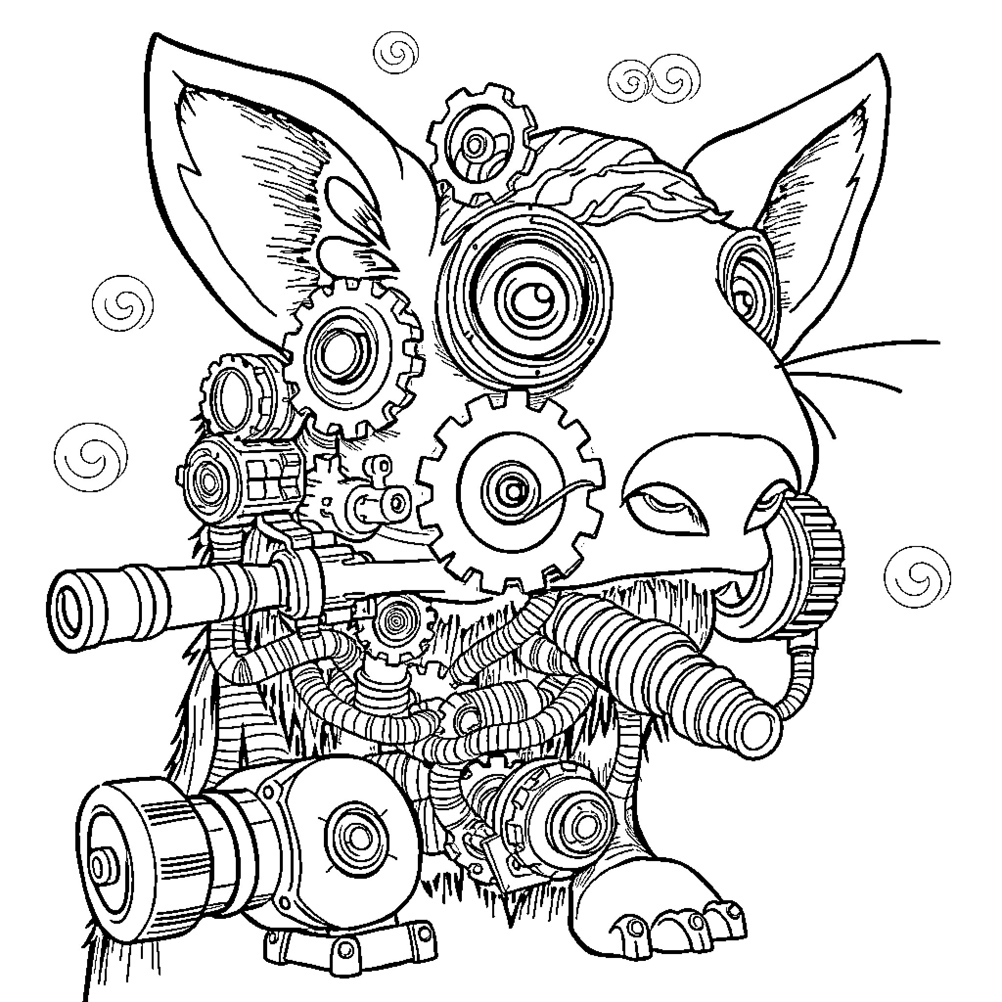 Animal mechanical creature with gears and springs Coloring Page (free black-and-white line drawing printable PDF for all, from beginners to advanced learners, including children, teens, adults, and seniors)
