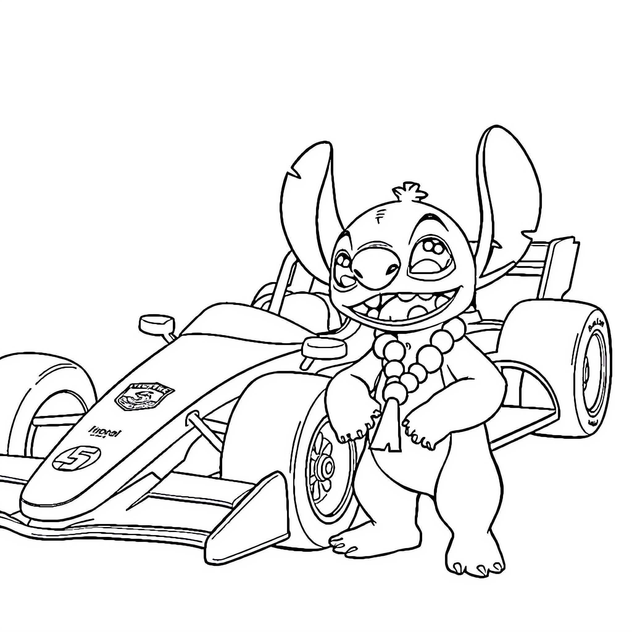 Lilo driving a race car with an excited expression Coloring Page (free black-and-white line drawing printable PDF for all, from beginners to advanced learners, including children, teens, adults, and seniors)