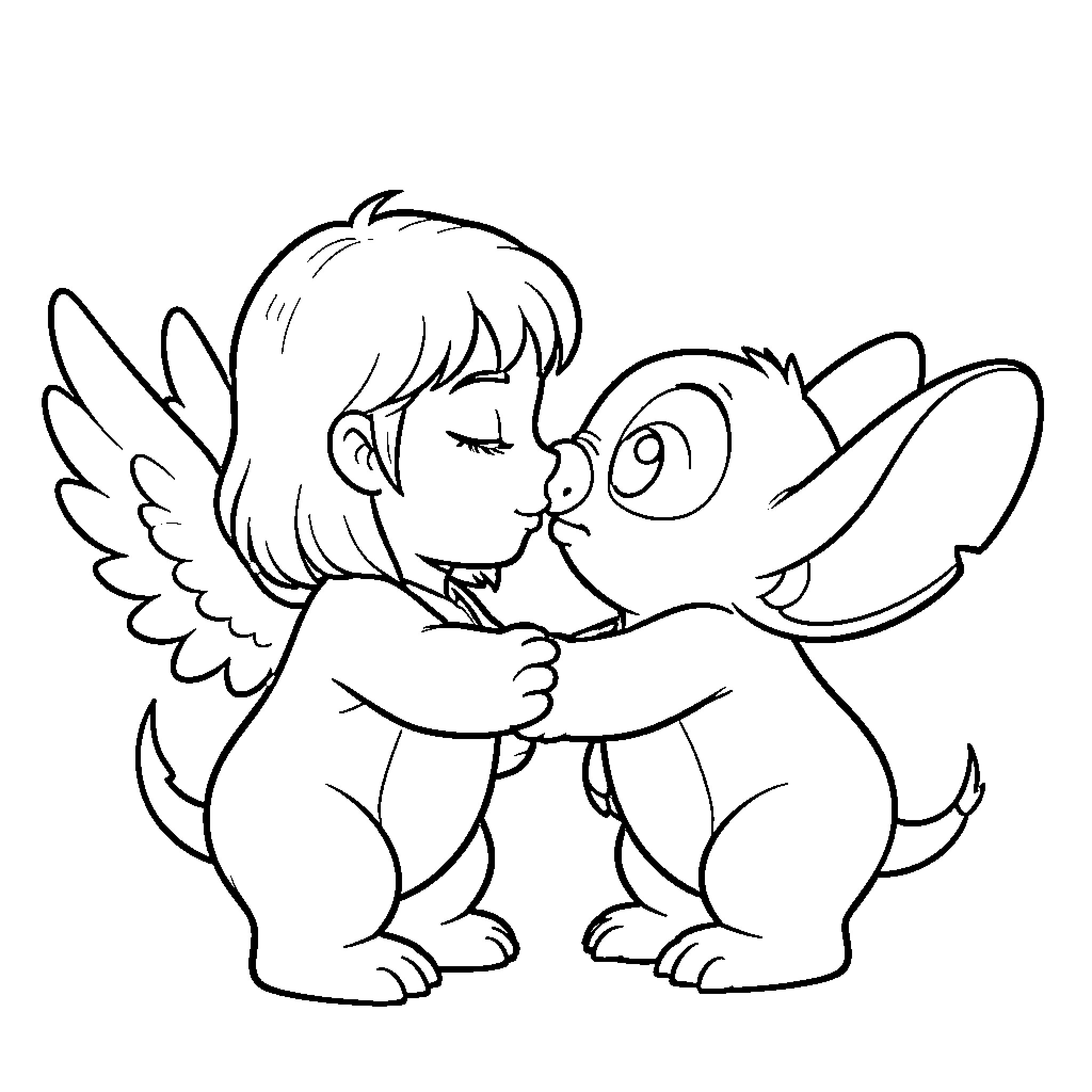 Angel and creature sharing a sweet kiss Coloring Page (free black-and-white line drawing printable PDF for all, from beginners to advanced learners, including children, teens, adults, and seniors)