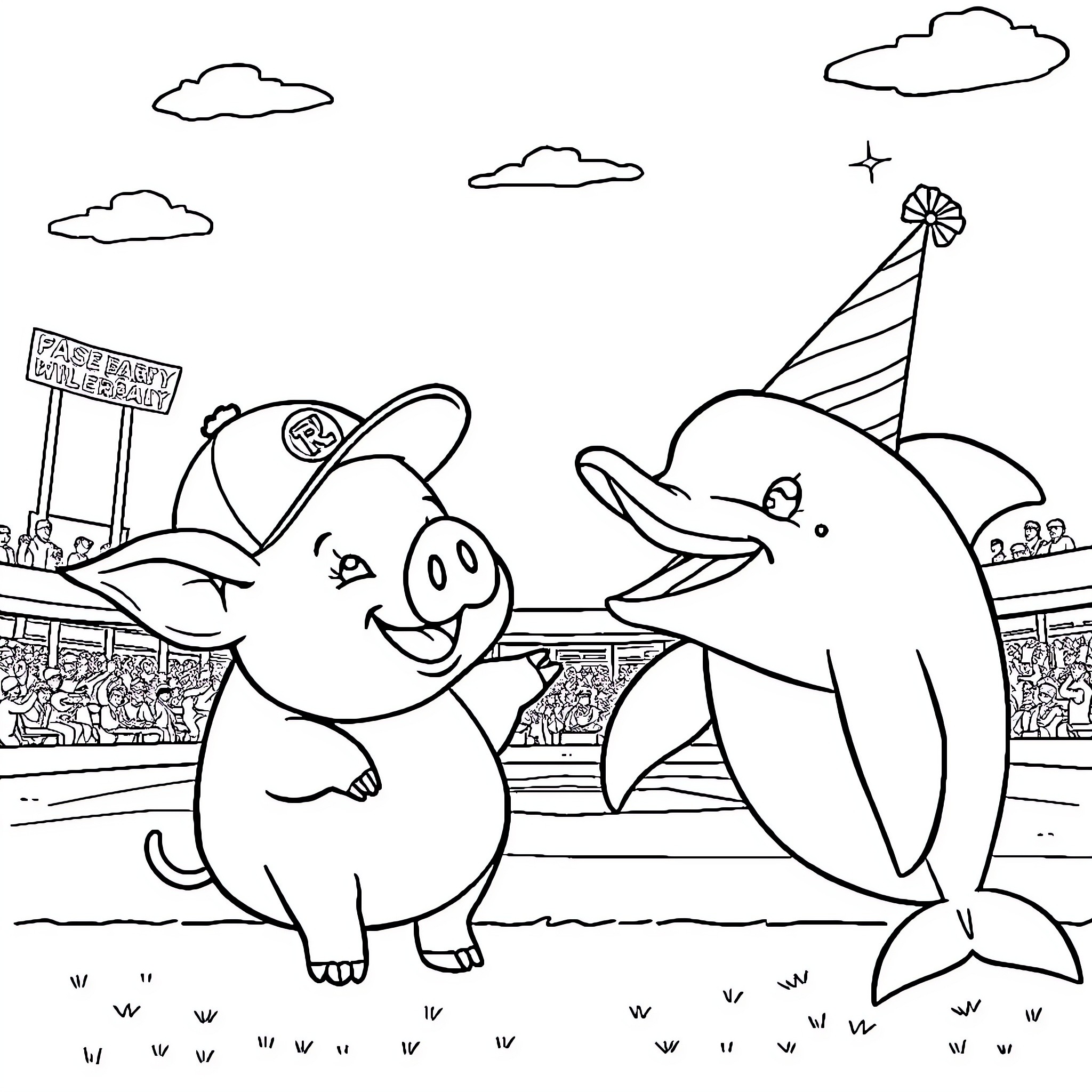 Pig and Dolphin Enjoying a Carnival Coloring Page (free black-and-white line drawing printable PDF for all, from beginners to advanced learners, including children, teens, adults, and seniors)