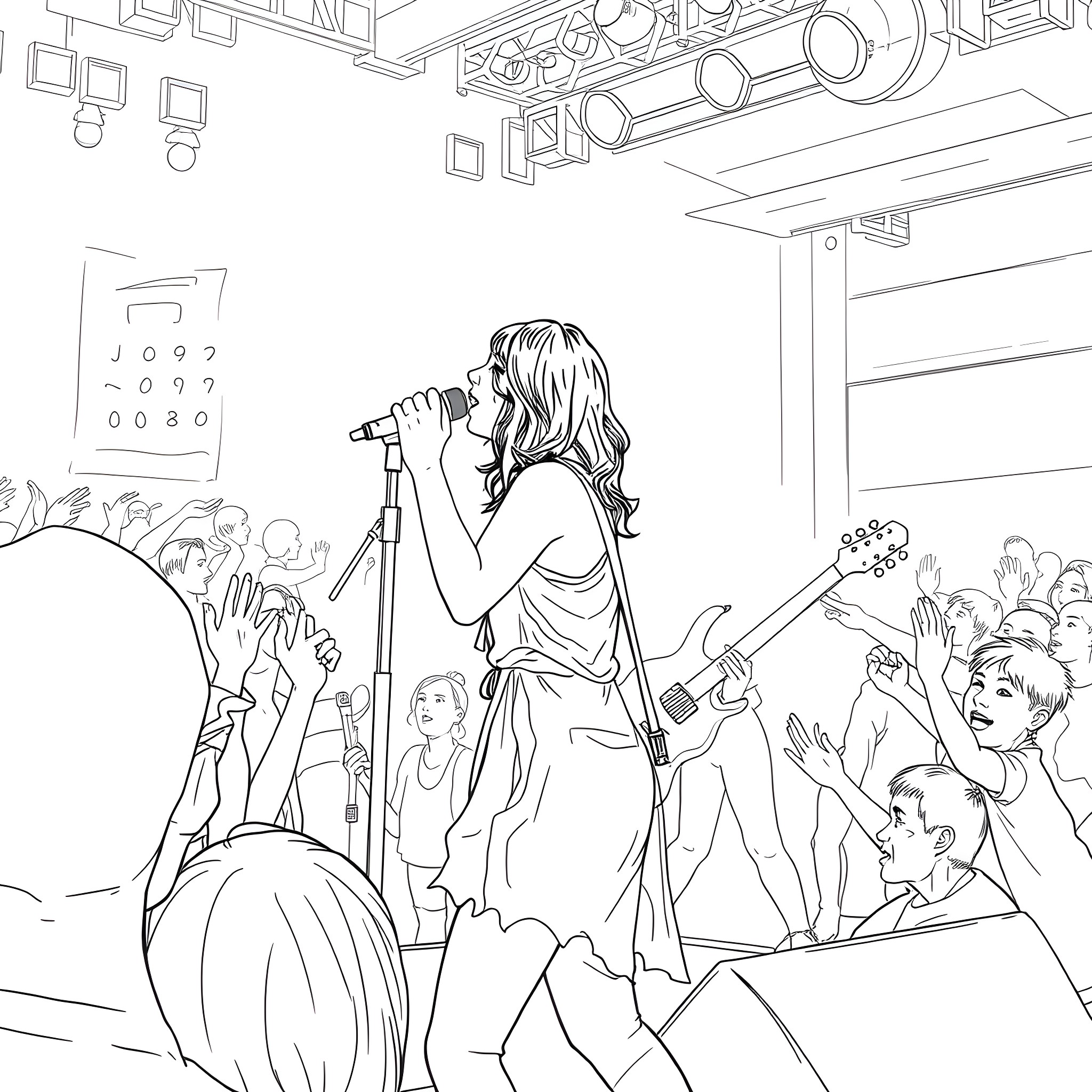 Hayley Williams performing on stage with crowd Coloring Page (free black-and-white line drawing printable PDF for all, from beginners to advanced learners, including children, teens, adults, and seniors)