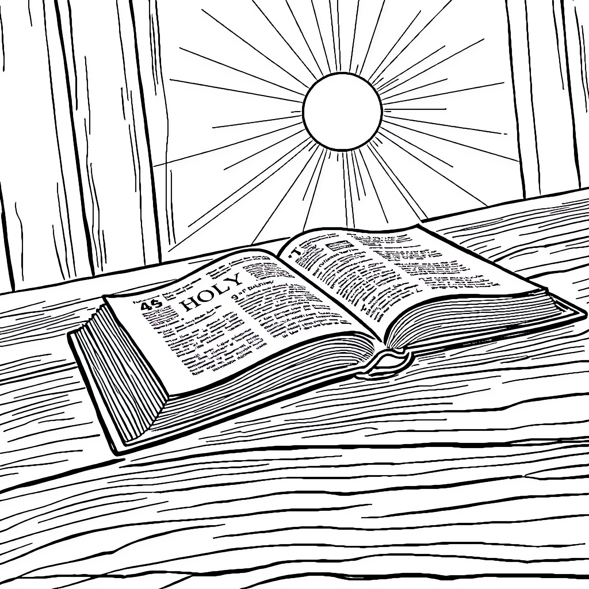Bible open with light shining through Coloring Page (free black-and-white line drawing printable PDF for all, from beginners to advanced learners, including children, teens, adults, and seniors)