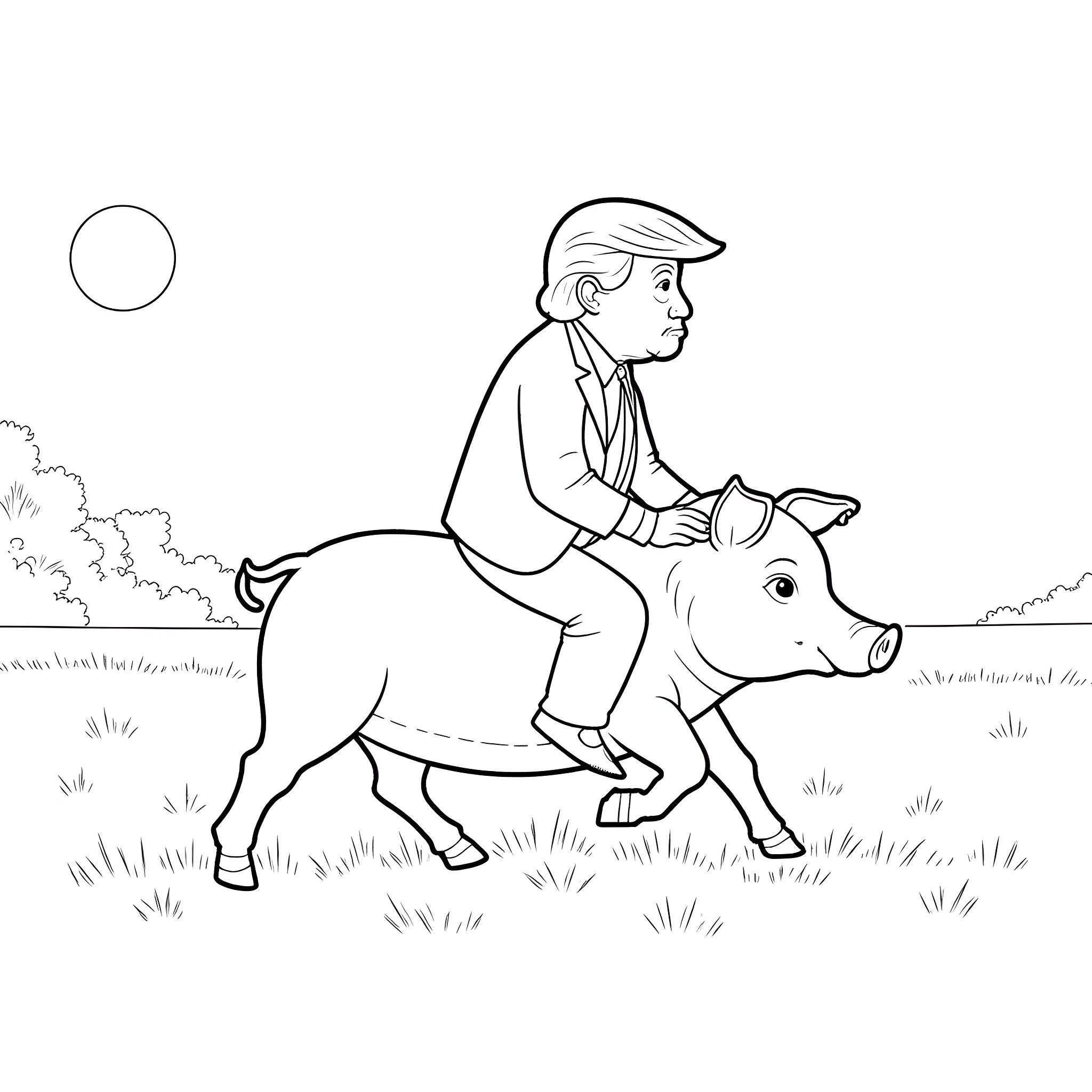 Donald Trump riding a pig in a grassy field Coloring Page (free black-and-white line drawing printable PDF for all, from beginners to advanced learners, including children, teens, adults, and seniors)