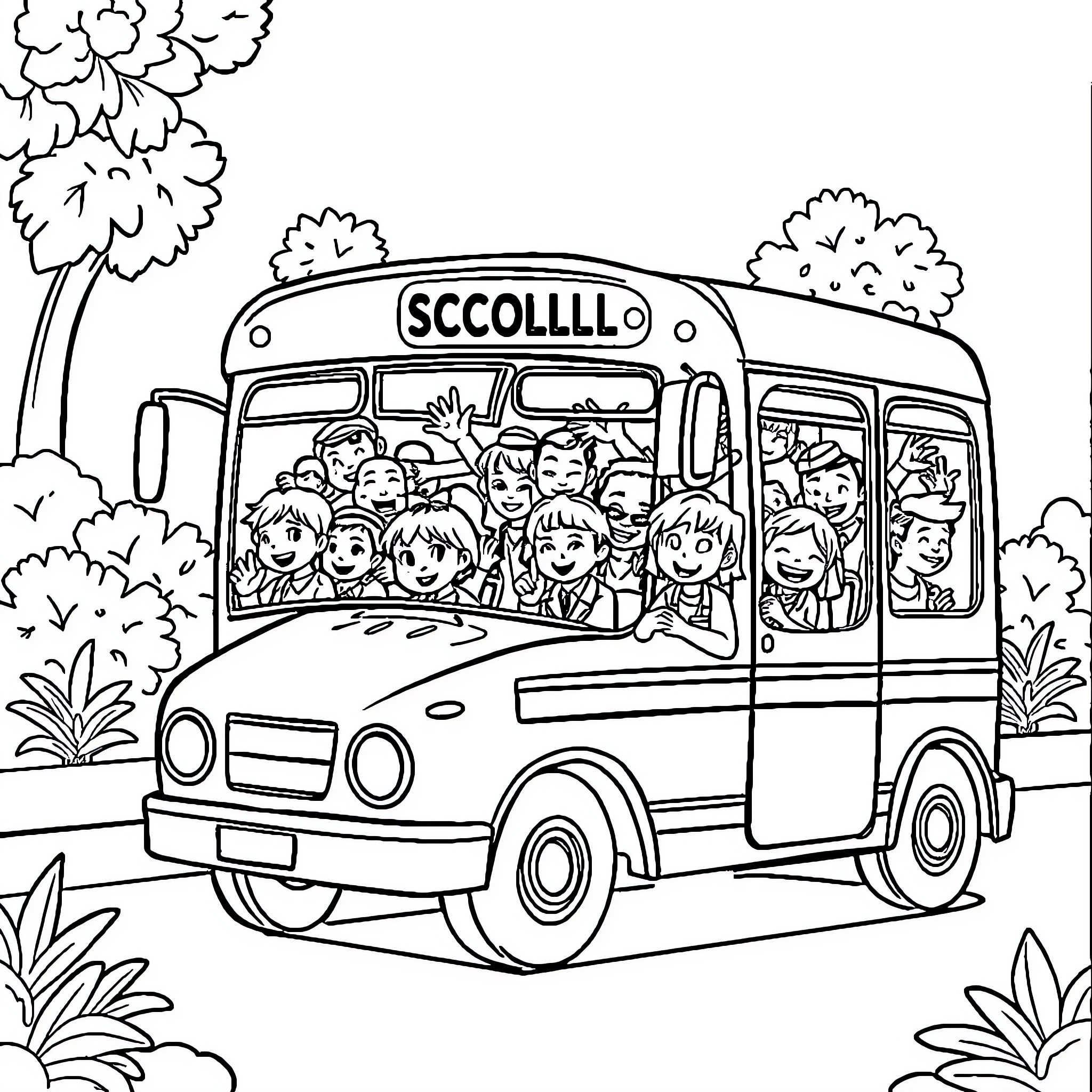 School Bus Filled with Smiling Students Coloring Page (free black-and-white line drawing printable PDF for all, from beginners to advanced learners, including children, teens, adults, and seniors)