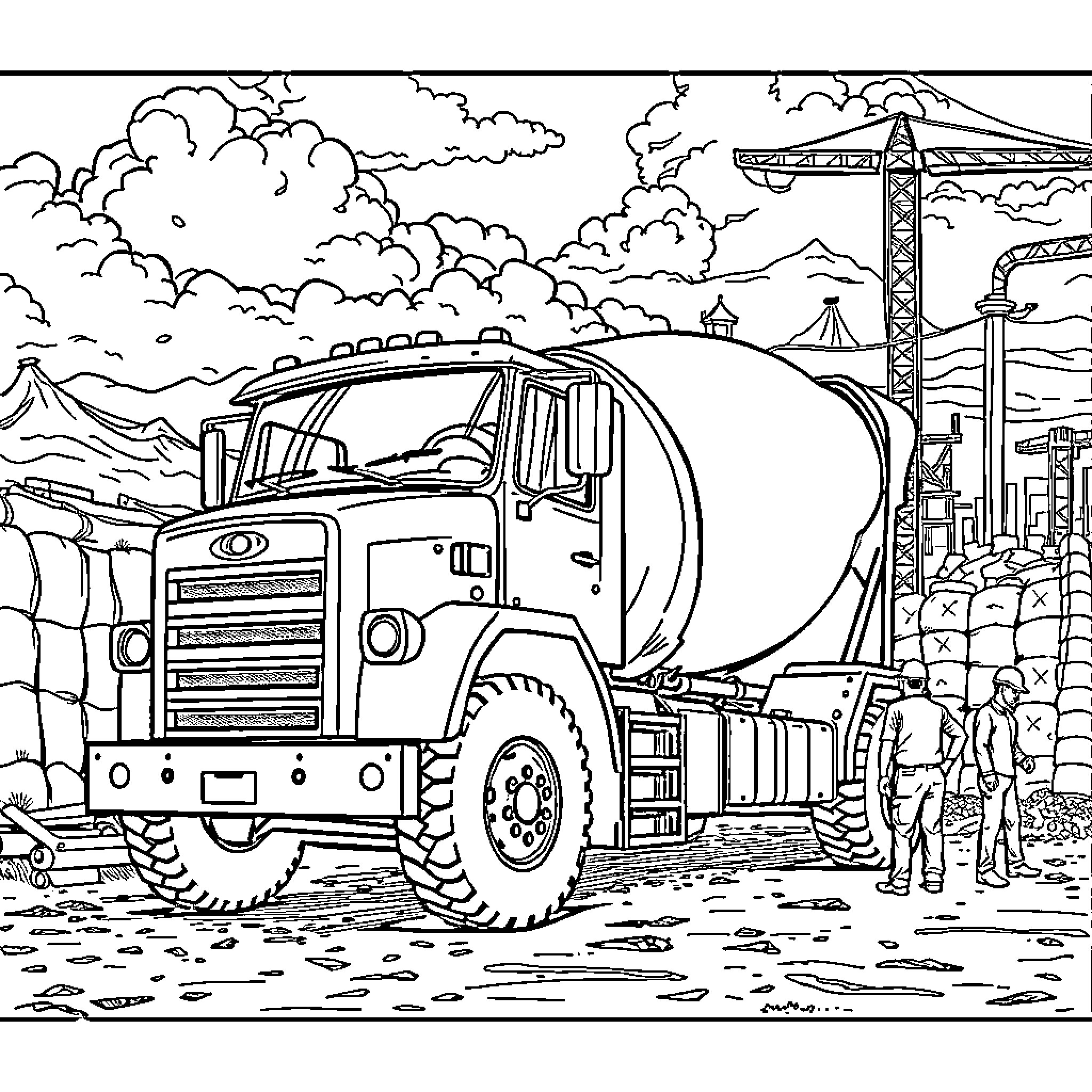 Concrete Truck Transporting Materials at Construction Site Coloring Page (free black-and-white line drawing printable PDF for all, from beginners to advanced learners, including children, teens, adults, and seniors)