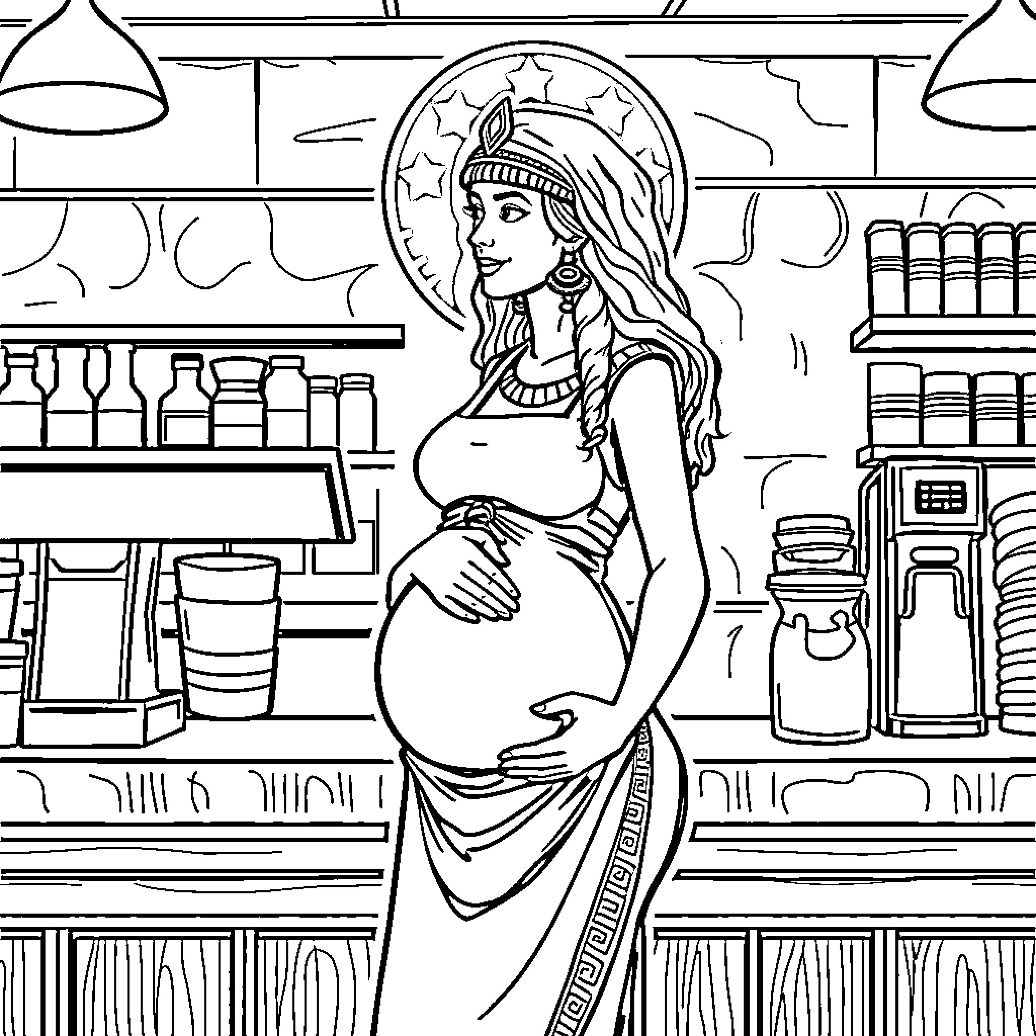 Cleopatra in a modern grocery store Coloring Page (free black-and-white line drawing printable PDF for all, from beginners to advanced learners, including children, teens, adults, and seniors)