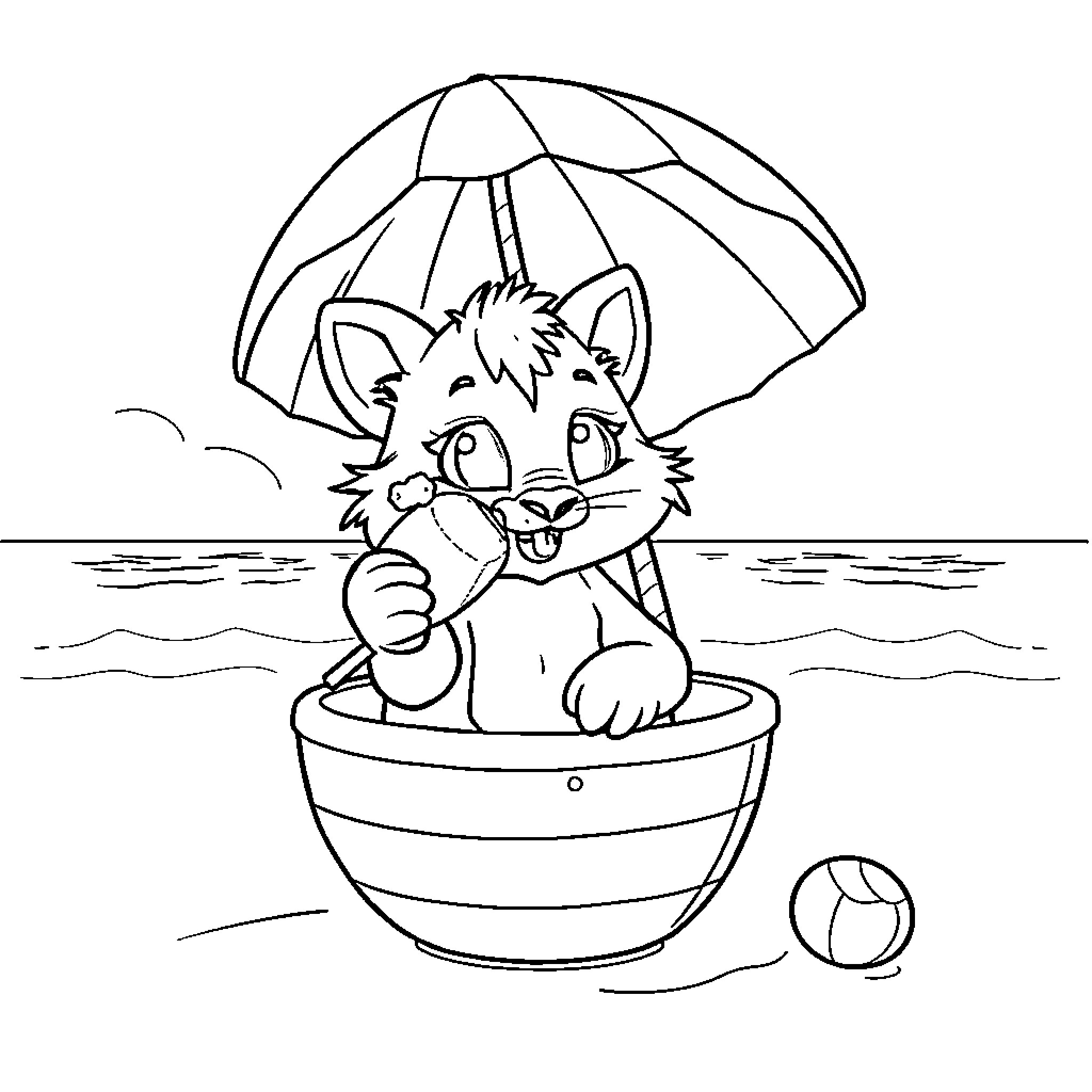 Mono Feline Floating in Boat with Umbrella Coloring Page (free black-and-white line drawing printable PDF for all, from beginners to advanced learners, including children, teens, adults, and seniors)