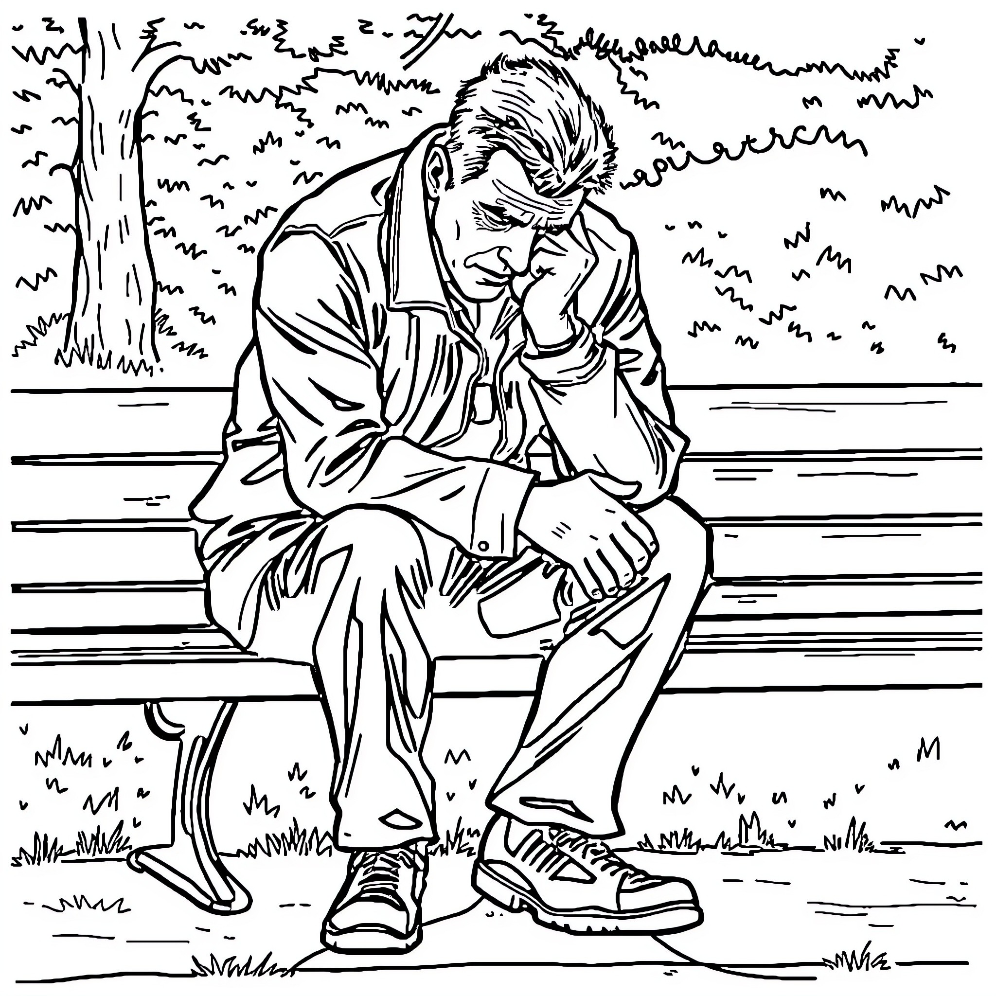 Man sitting alone on a bench in deep thought Coloring Page (free black-and-white line drawing printable PDF for all, from beginners to advanced learners, including children, teens, adults, and seniors)