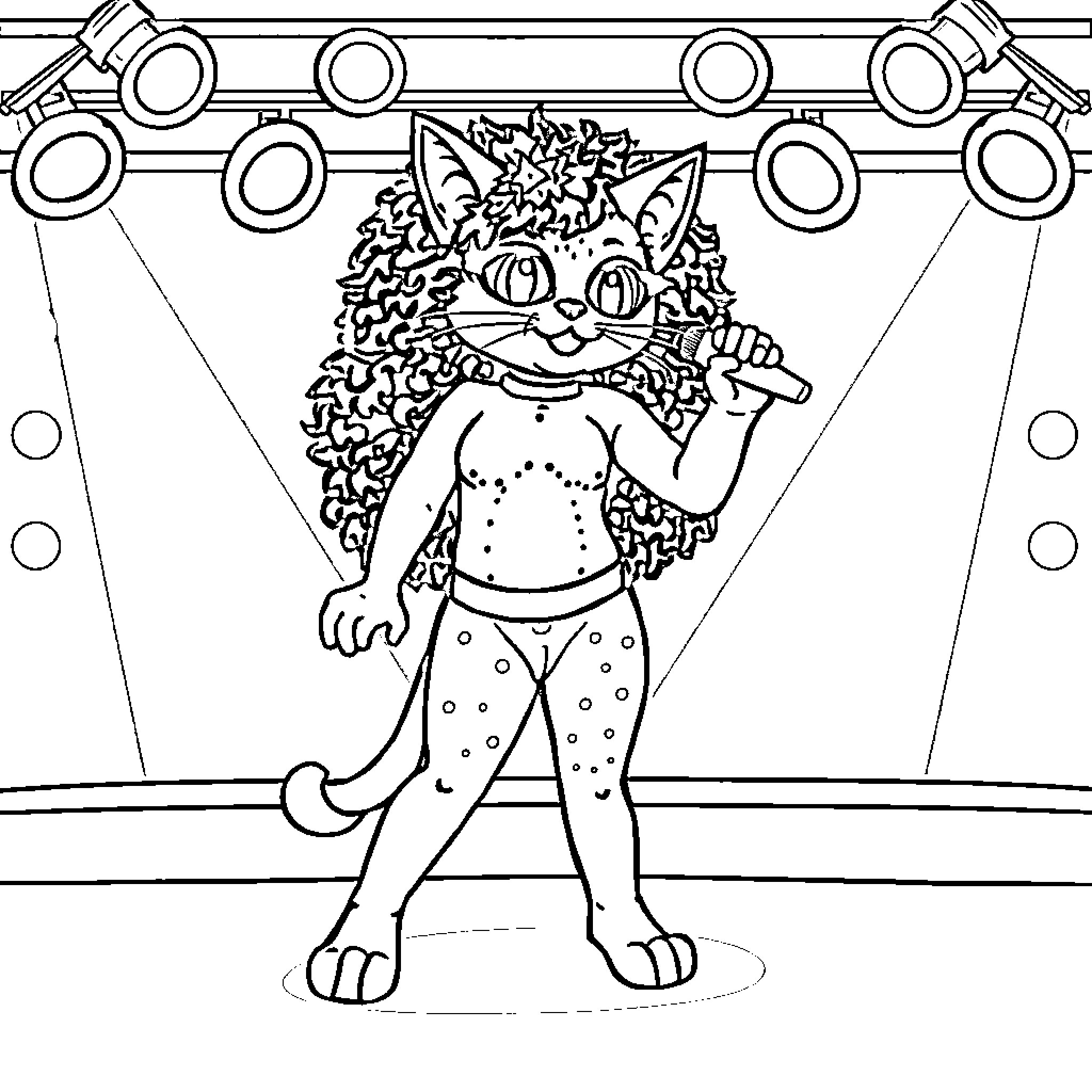 Doja Cat performing on stage Coloring Page (free black-and-white line drawing printable PDF for all, from beginners to advanced learners, including children, teens, adults, and seniors)