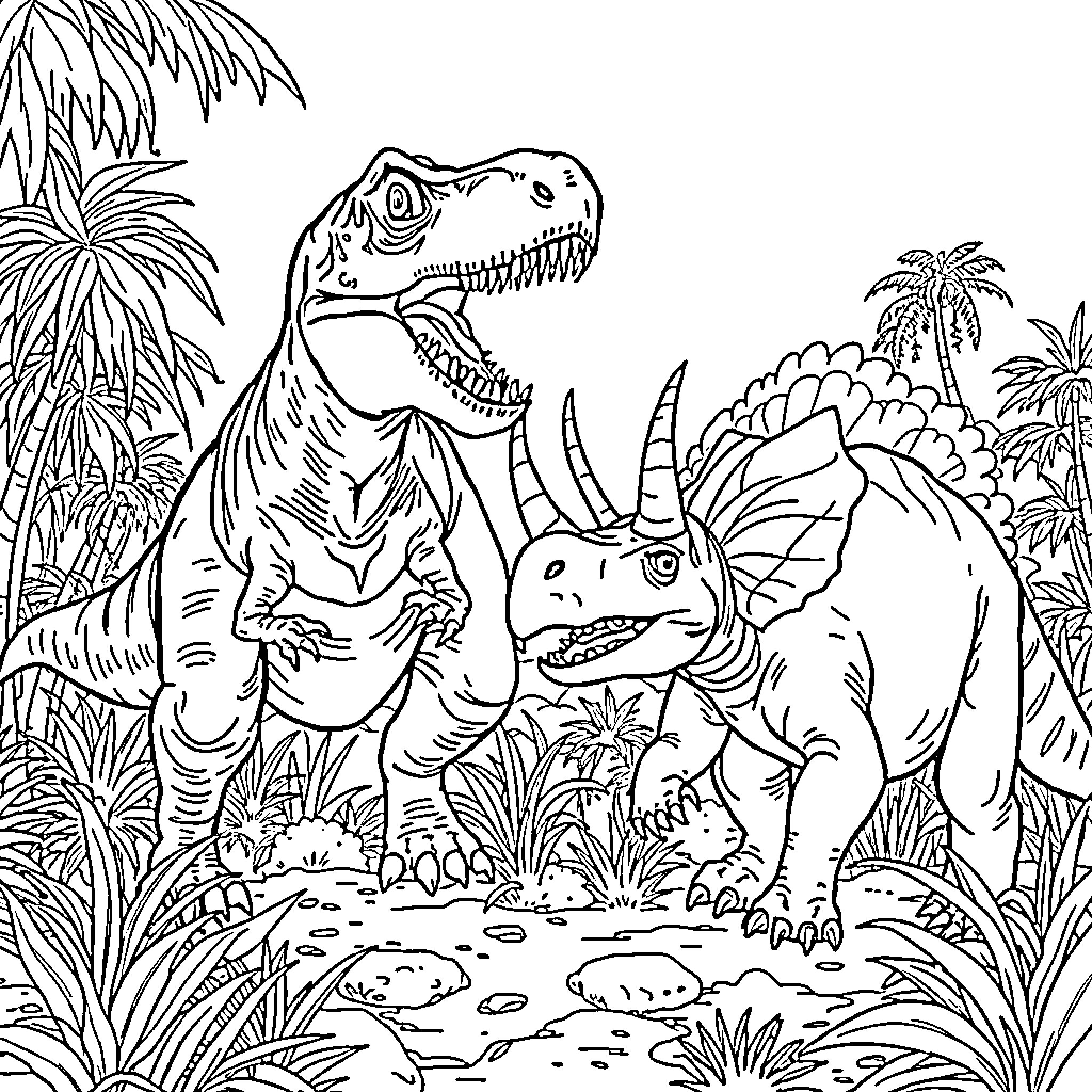 Dinosaurs exploring lush prehistoric landscape Coloring Page (free black-and-white line drawing printable PDF for all, from beginners to advanced learners, including children, teens, adults, and seniors)