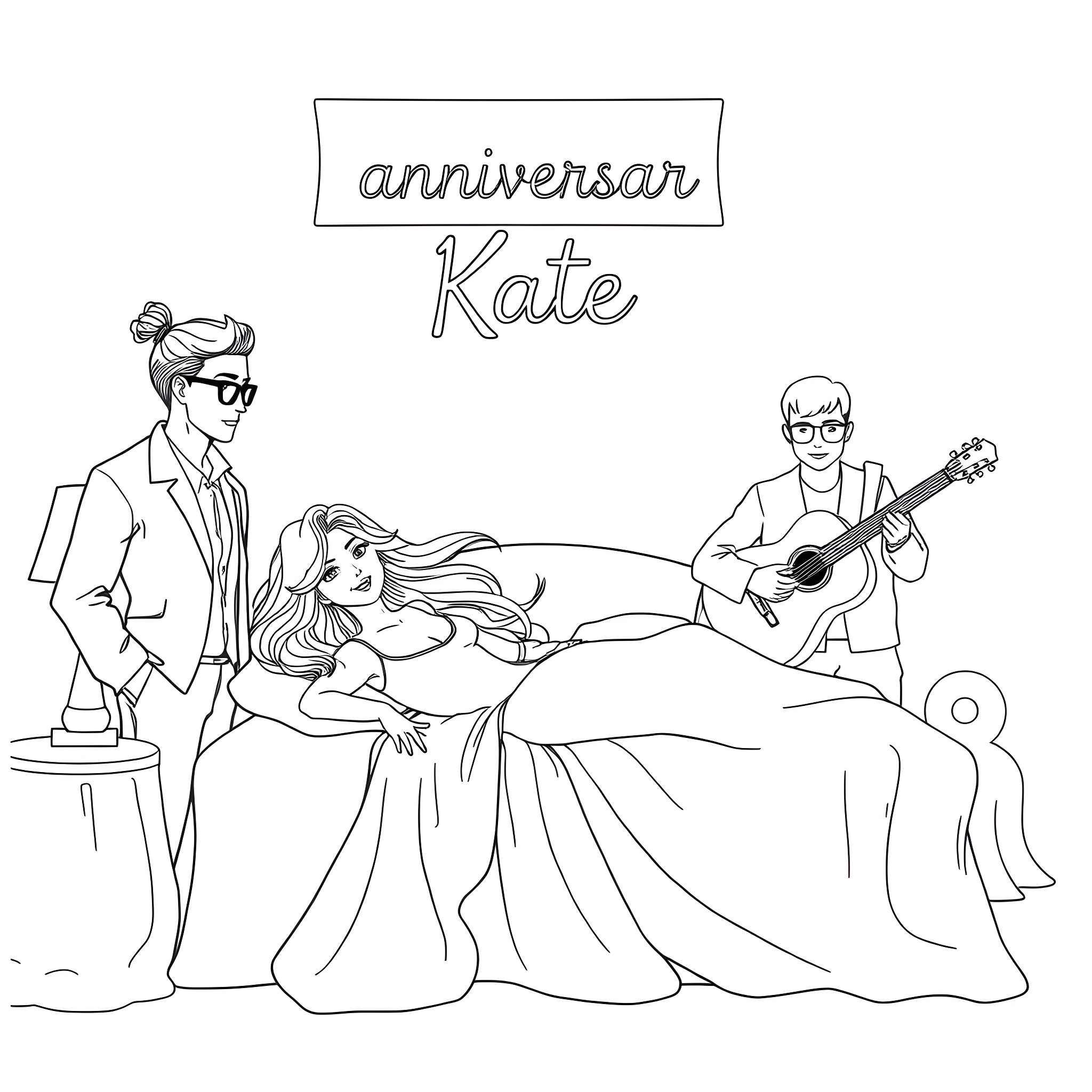 Woman celebrating anniversary with loved ones Coloring Page (free black-and-white line drawing printable PDF for all, from beginners to advanced learners, including children, teens, adults, and seniors)