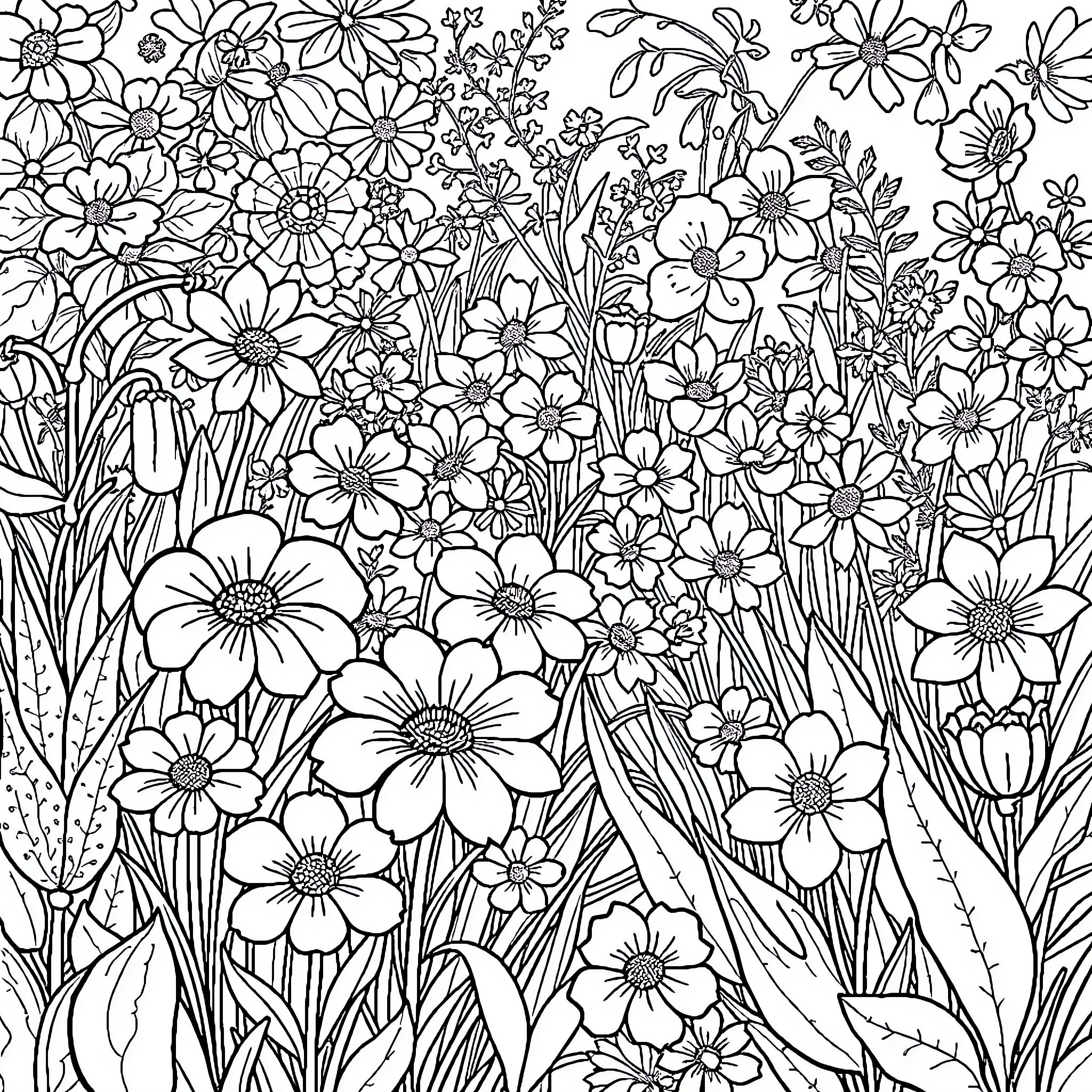 Garden Filled with Vibrant Floral Blooms Coloring Page (free black-and-white line drawing printable PDF for all, from beginners to advanced learners, including children, teens, adults, and seniors)