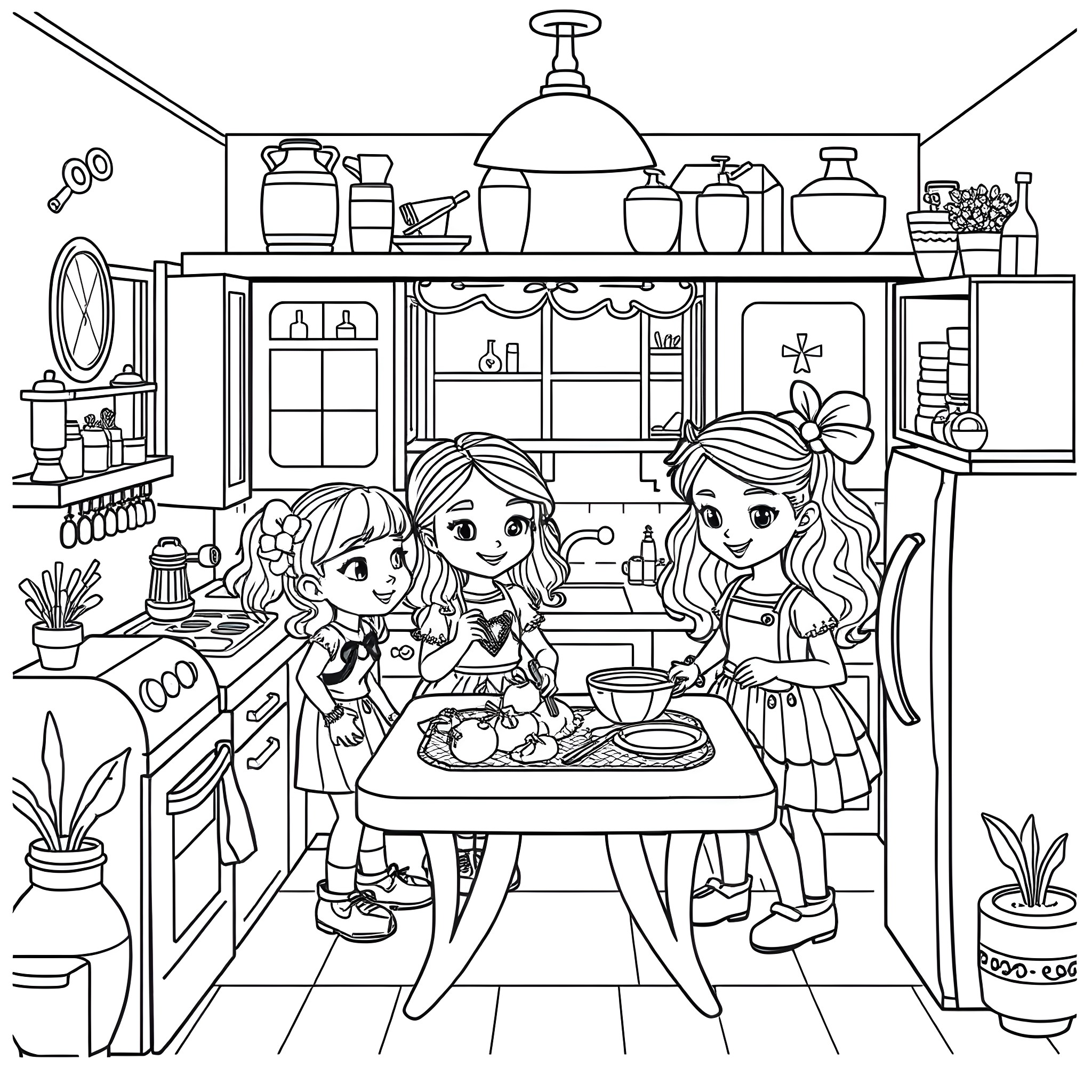 Gabby's Dollhouse - Girls Baking in the Kitchen Coloring Page (free black-and-white line drawing printable PDF for all, from beginners to advanced learners, including children, teens, adults, and seniors)