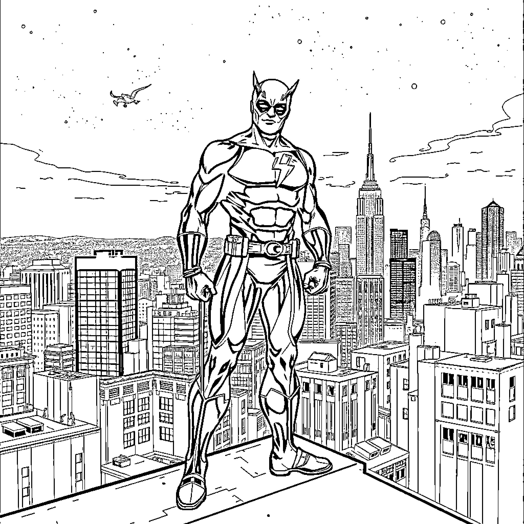 Daredevil heroically surveys the city skyline Coloring Page (free black-and-white line drawing printable PDF for all, from beginners to advanced learners, including children, teens, adults, and seniors)