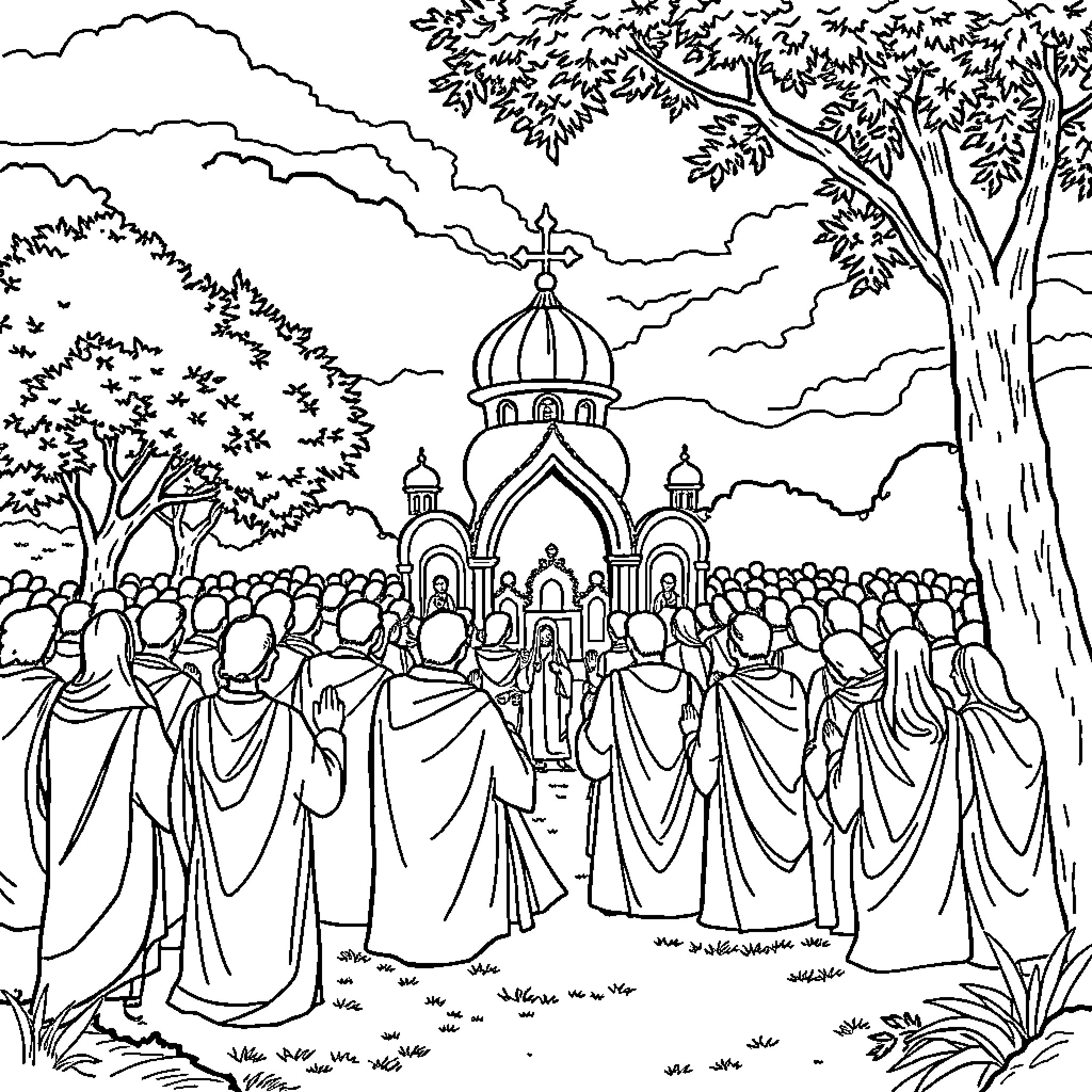 Religious gathering in a scenic outdoor setting Coloring Page (free black-and-white line drawing printable PDF for all, from beginners to advanced learners, including children, teens, adults, and seniors)