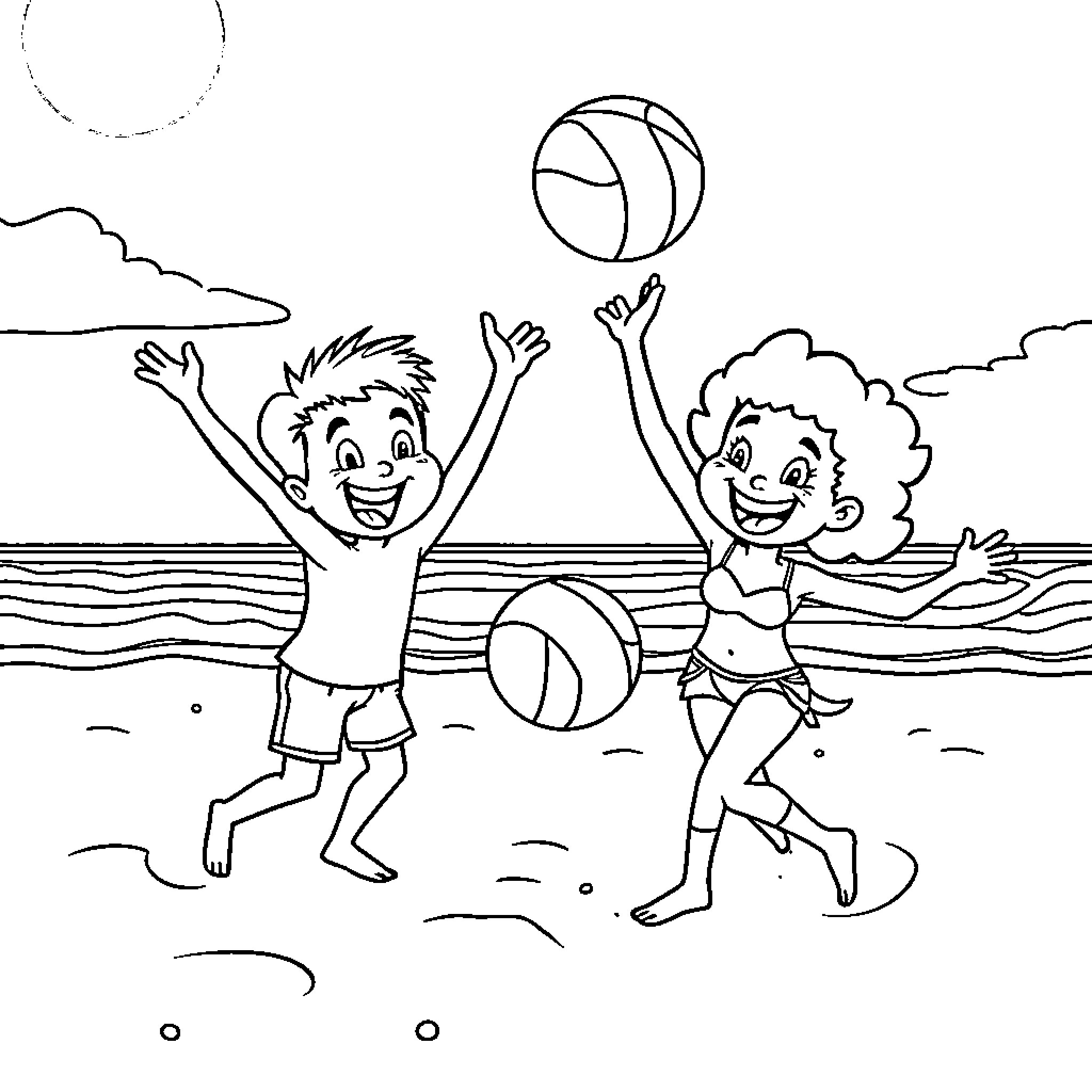 Bfdi Character playing beach volleyball with friends Coloring Page (free black-and-white line drawing printable PDF for all, from beginners to advanced learners, including children, teens, adults, and seniors)