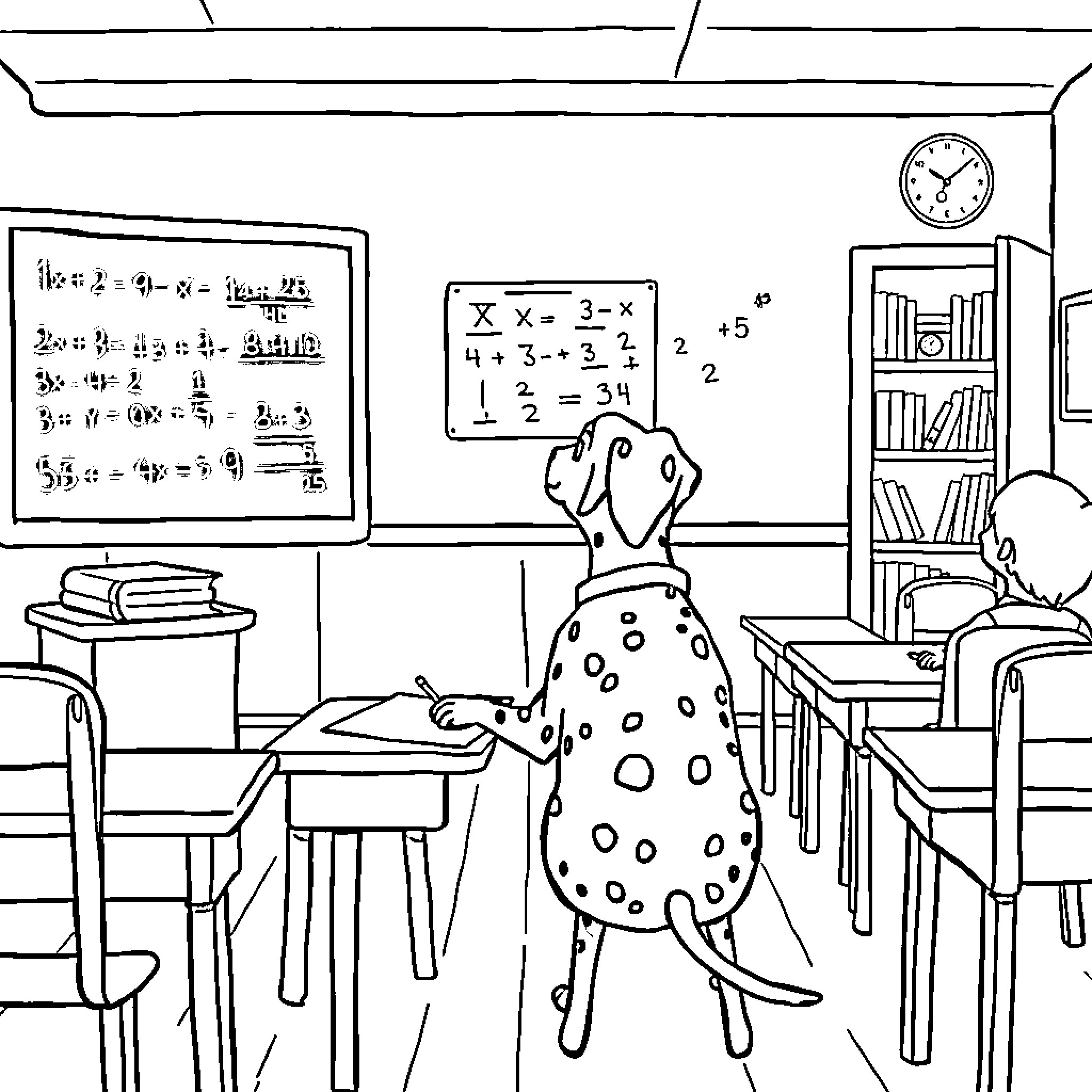 Dalmatian enjoying math lesson in classroom Coloring Page (free black-and-white line drawing printable PDF for all, from beginners to advanced learners, including children, teens, adults, and seniors)