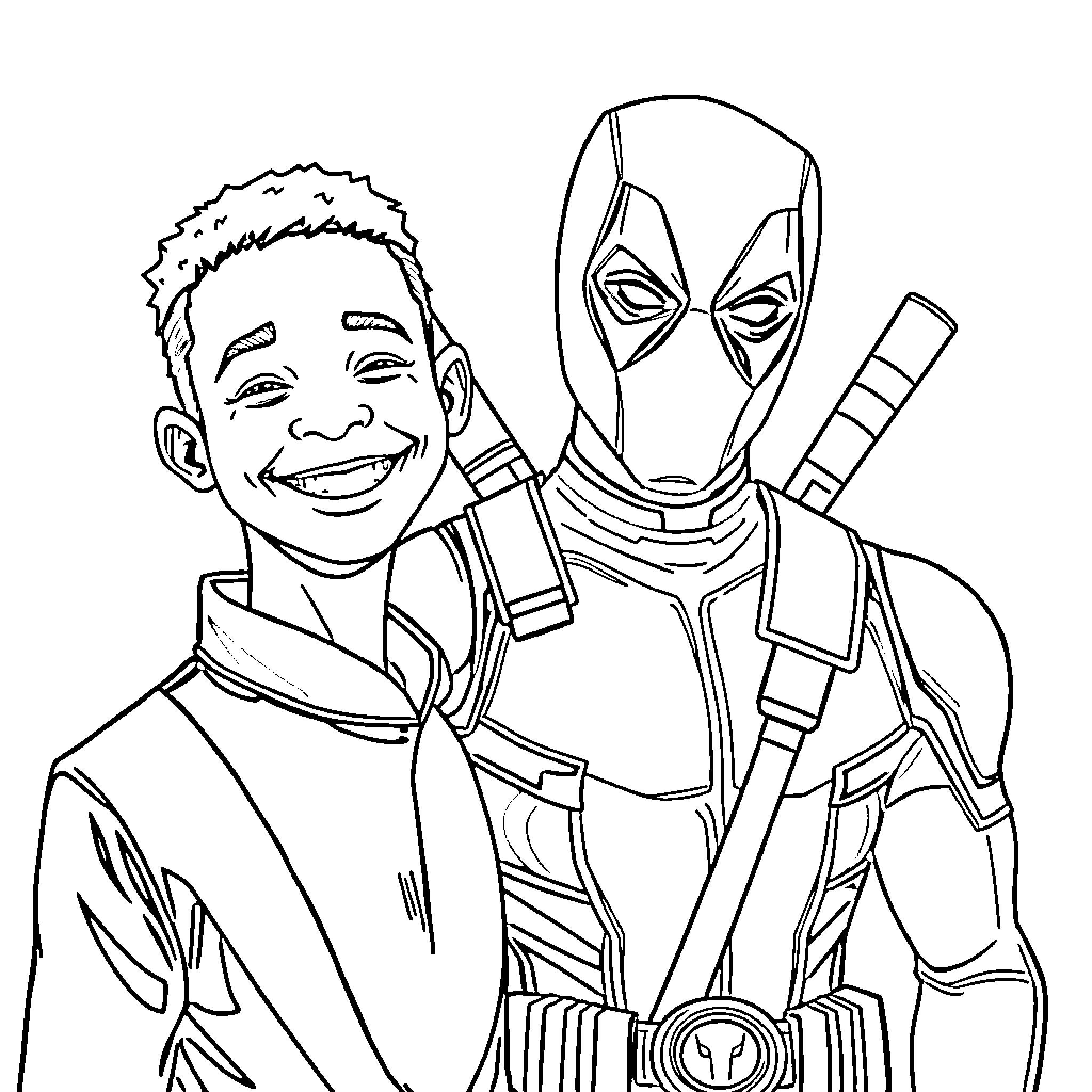 Kendrick and Deadpool sharing a lighthearted moment Coloring Page (free black-and-white line drawing printable PDF for all, from beginners to advanced learners, including children, teens, adults, and seniors)