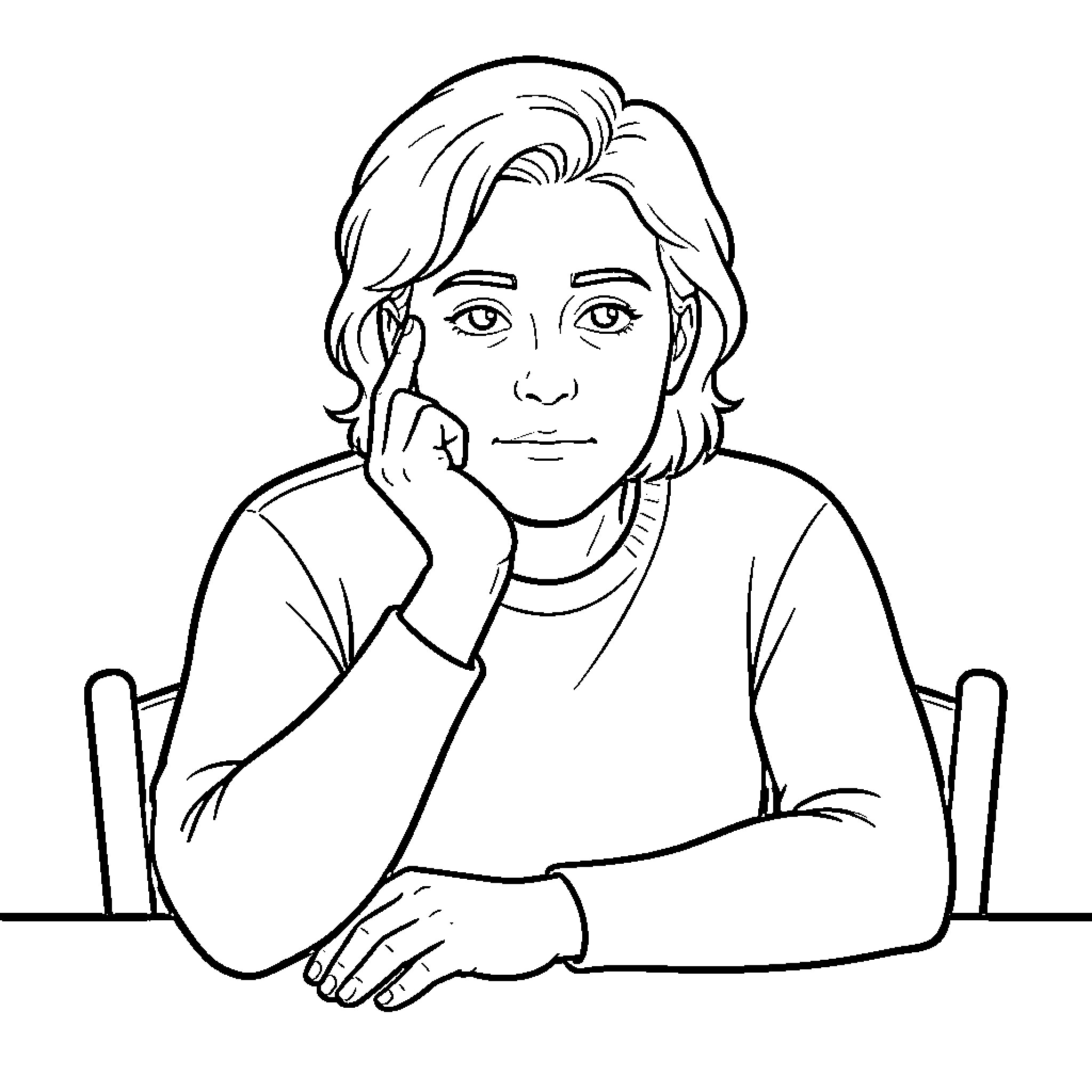 Person sitting in contemplation with hand on chin Coloring Page (free black-and-white line drawing printable PDF for all, from beginners to advanced learners, including children, teens, adults, and seniors)