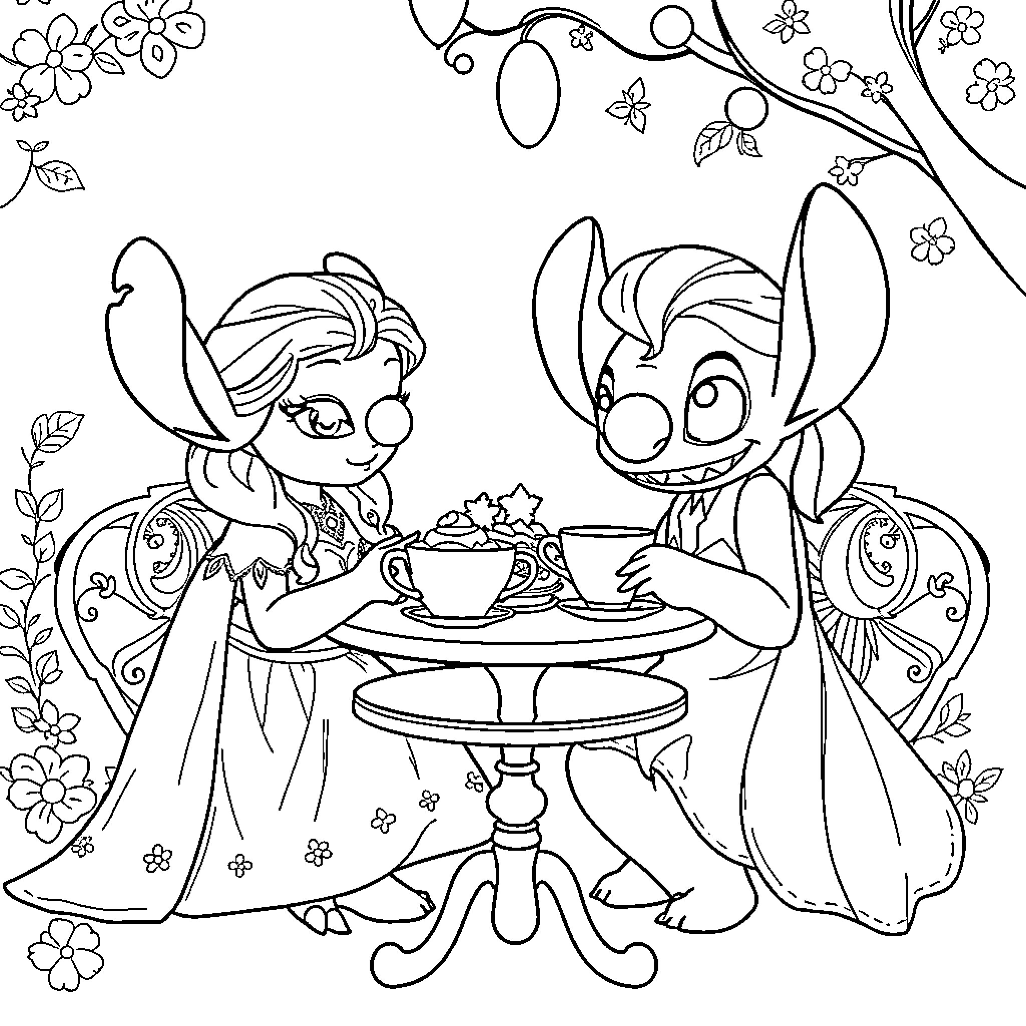 Princess Elsa and Stitch Sharing Tea in the Garden Coloring Page (free black-and-white line drawing printable PDF for all, from beginners to advanced learners, including children, teens, adults, and seniors)