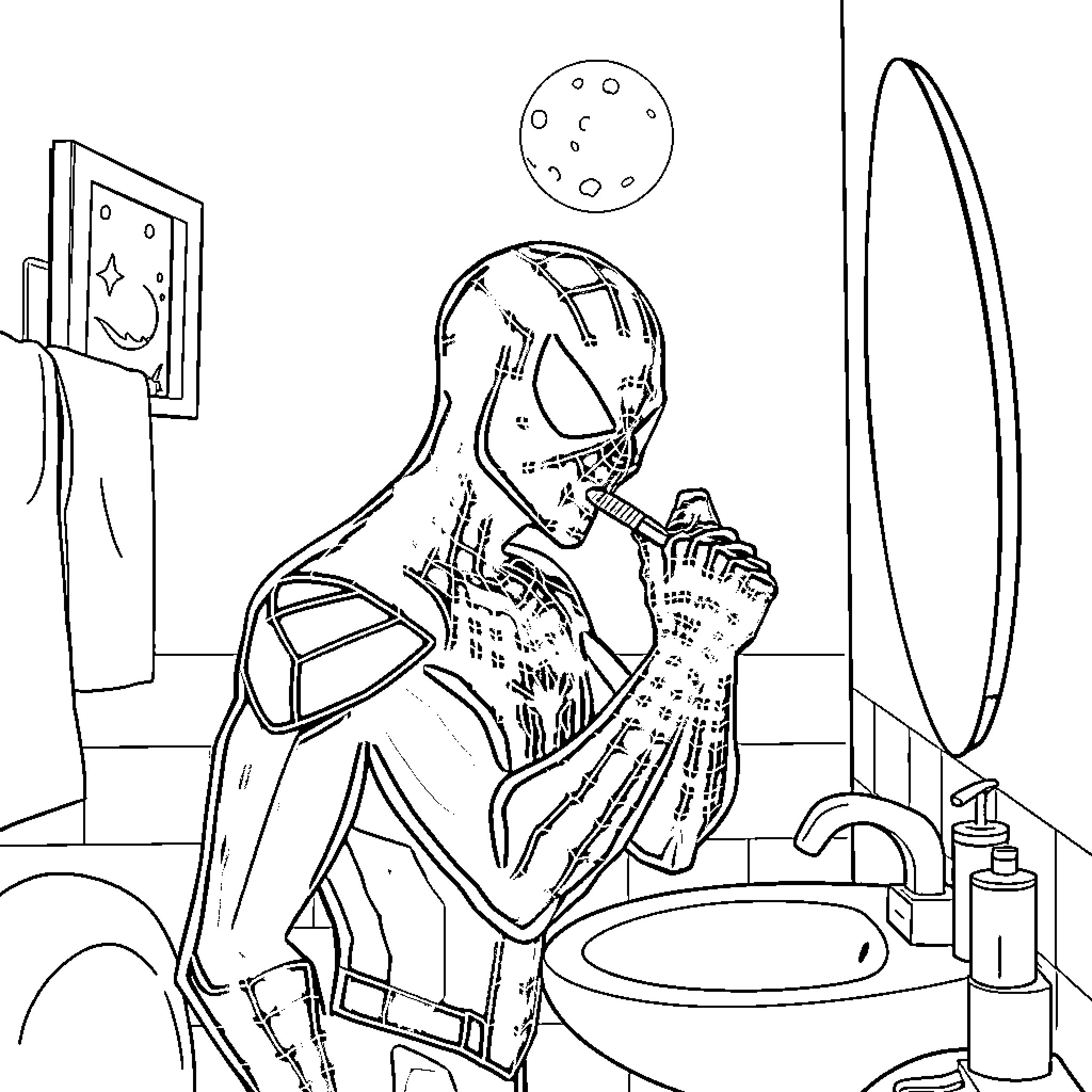 Spiderman contemplating in his home environment Coloring Page (free black-and-white line drawing printable PDF for all, from beginners to advanced learners, including children, teens, adults, and seniors)