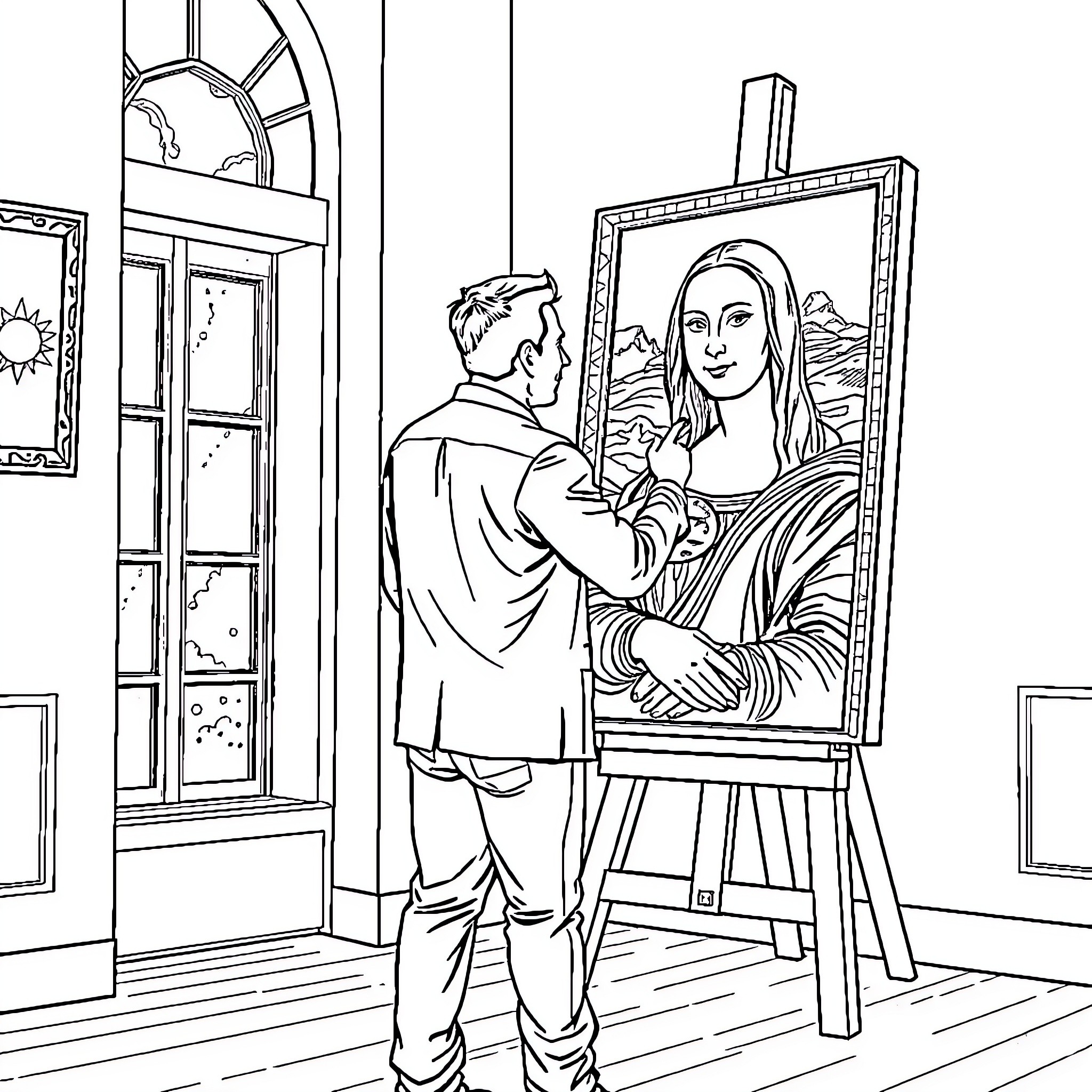 Elon Musk observing the Mona Lisa painting Coloring Page (free black-and-white line drawing printable PDF for all, from beginners to advanced learners, including children, teens, adults, and seniors)