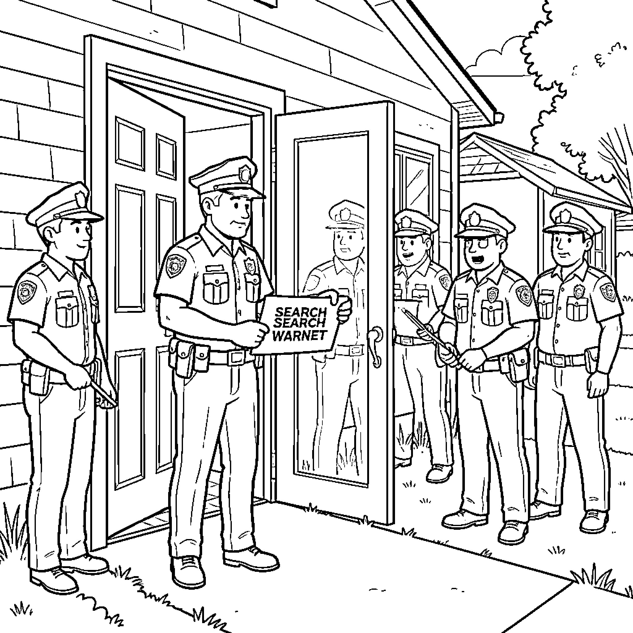 Police officers standing together holding a search warrant Coloring Page (free black-and-white line drawing printable PDF for all, from beginners to advanced learners, including children, teens, adults, and seniors)