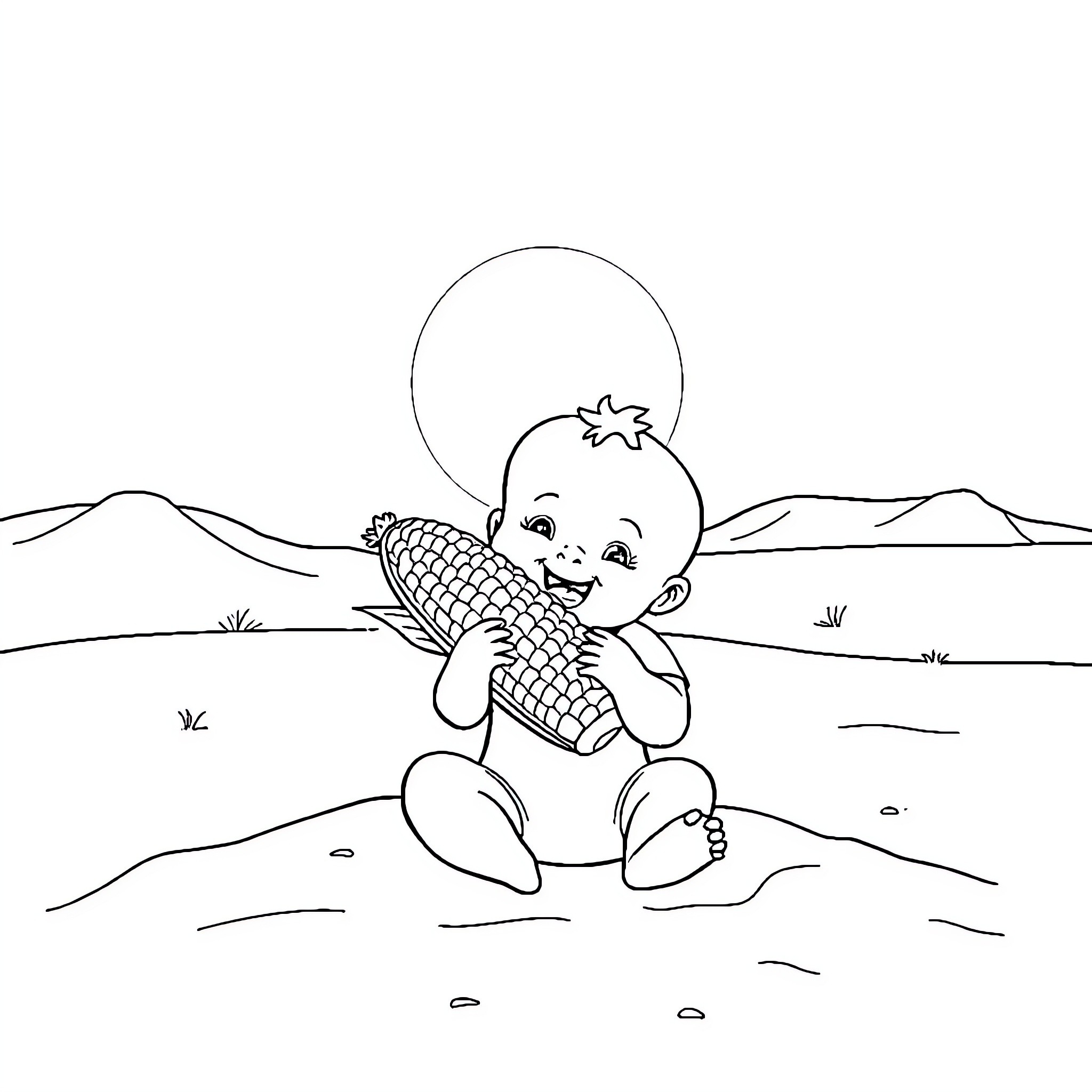 Baby eating corn on the cob in nature Coloring Page (free black-and-white line drawing printable PDF for all, from beginners to advanced learners, including children, teens, adults, and seniors)