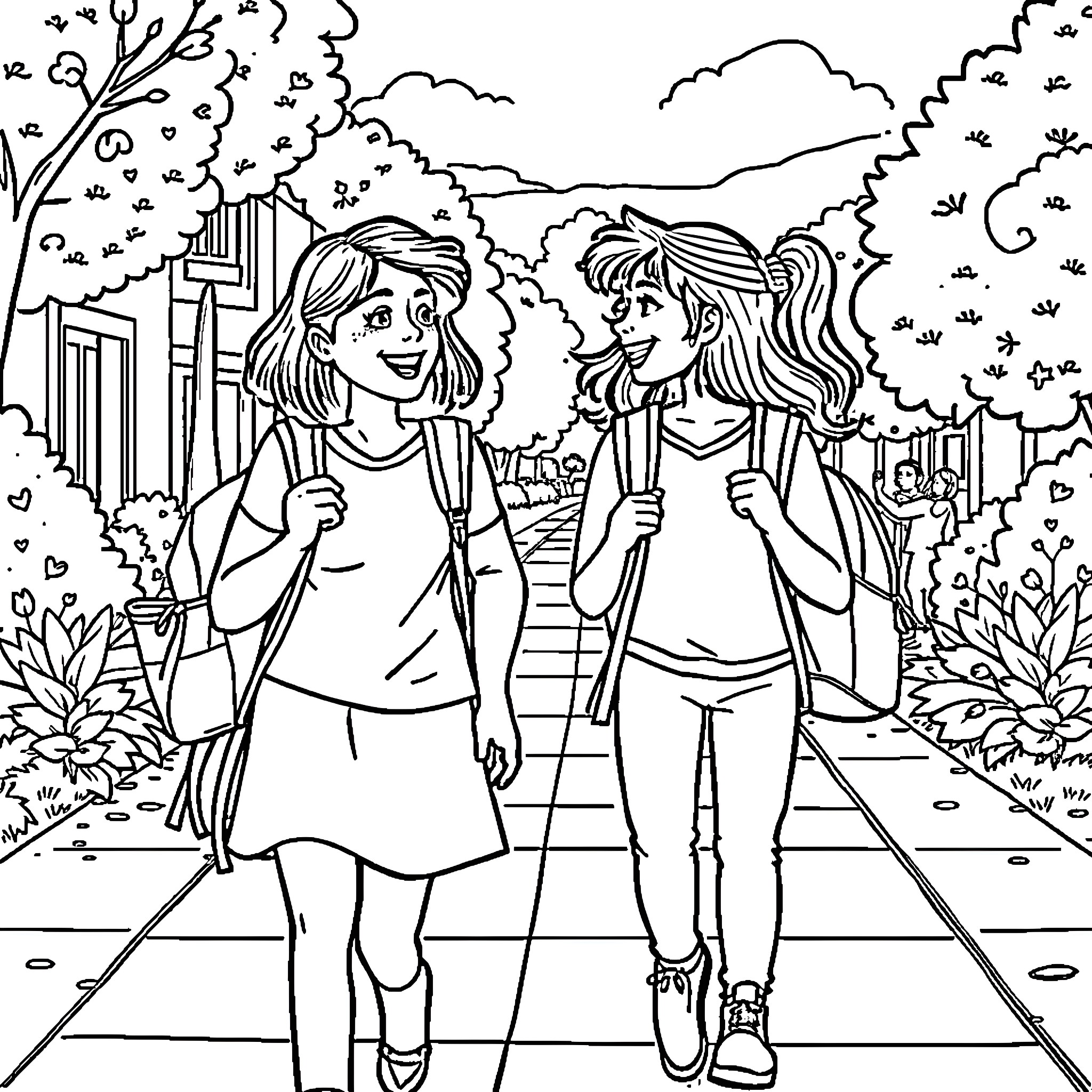 Ms. Hanna's Delightful Stroll Coloring Page (free black-and-white line drawing printable PDF for all, from beginners to advanced learners, including children, teens, adults, and seniors)