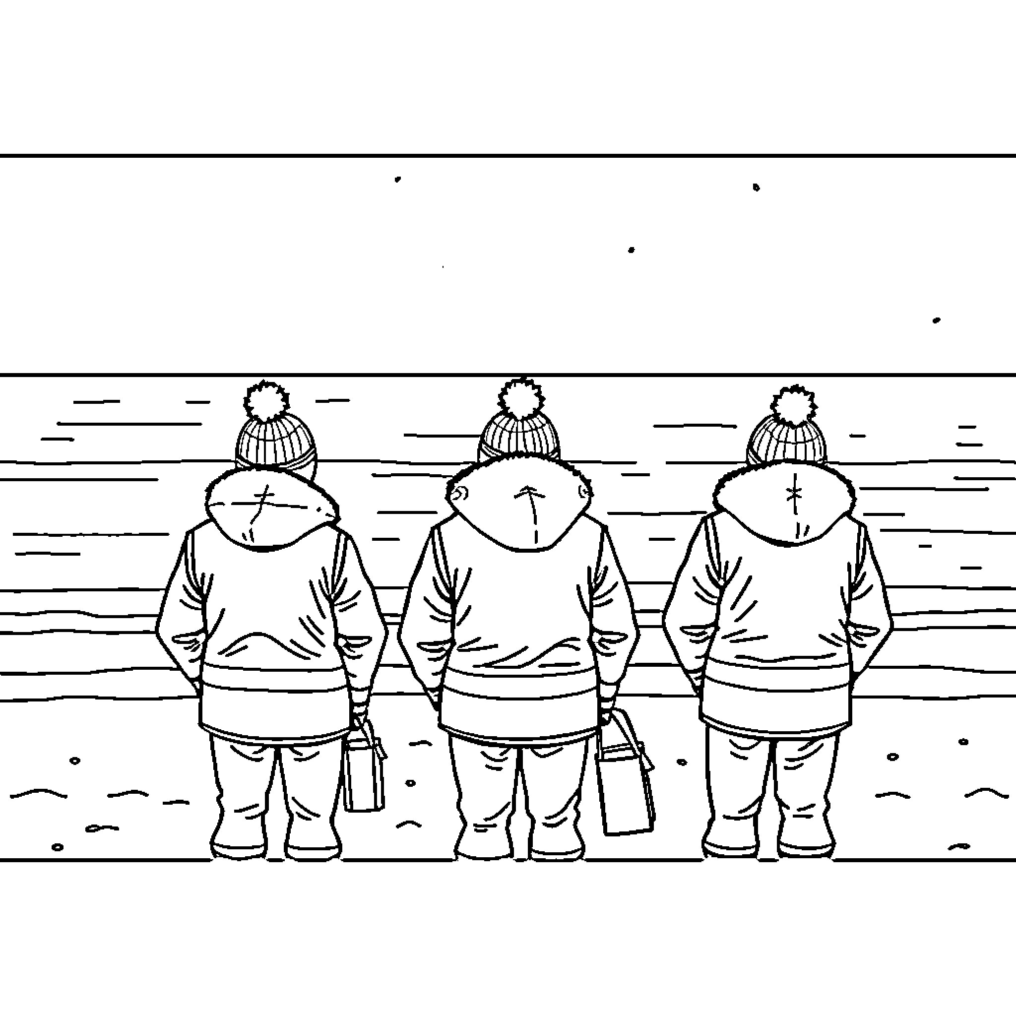 Lifeguards standing on the beach Coloring Page (free black-and-white line drawing printable PDF for all, from beginners to advanced learners, including children, teens, adults, and seniors)